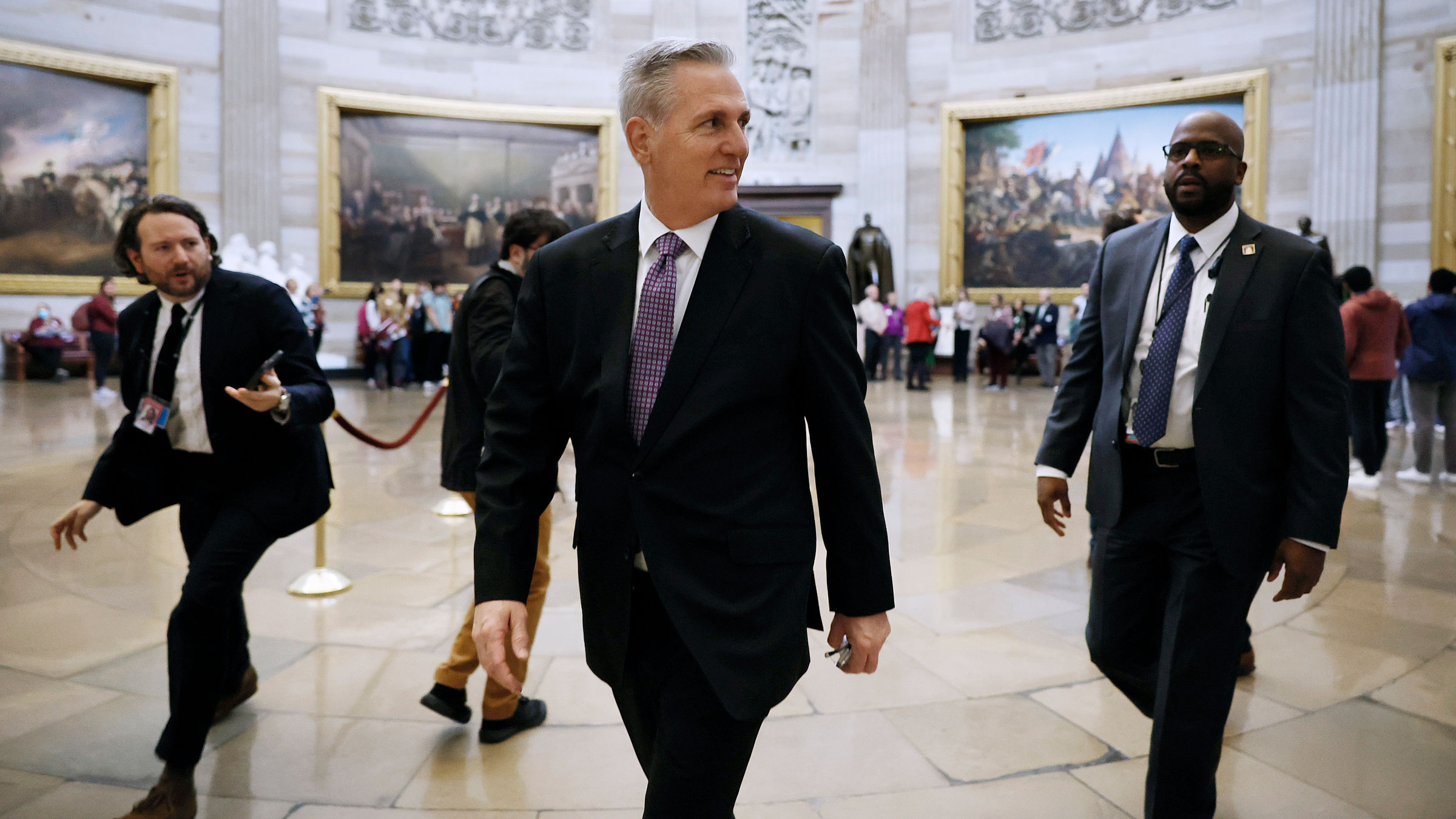 Kevin McCarthy walks through the Capitol rotunda on Wednesday.