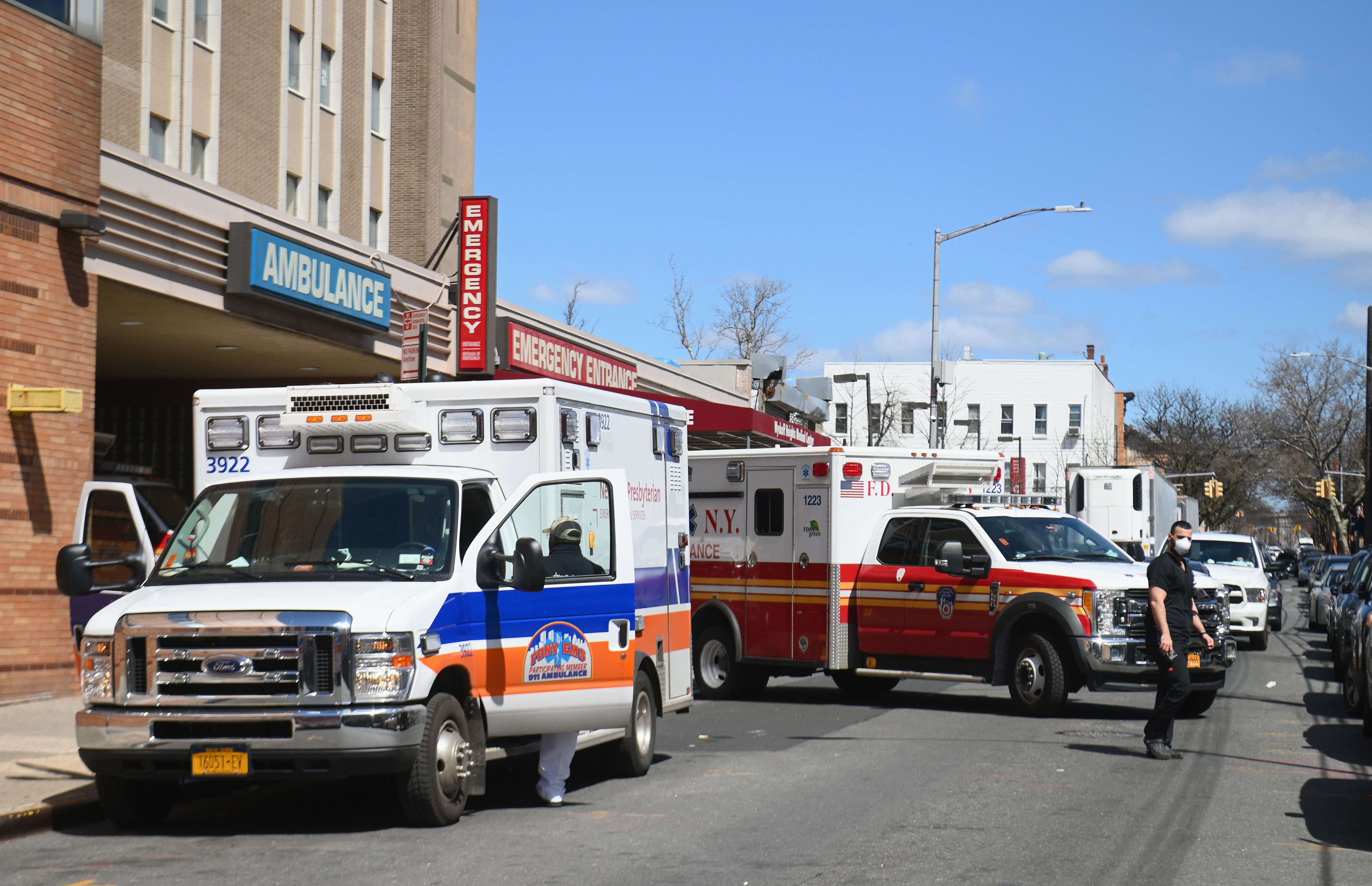 Ambulances in front of the emergency room entrance of the Wyckoff Heights Medical Center in Brooklyn on April 2, in New York.