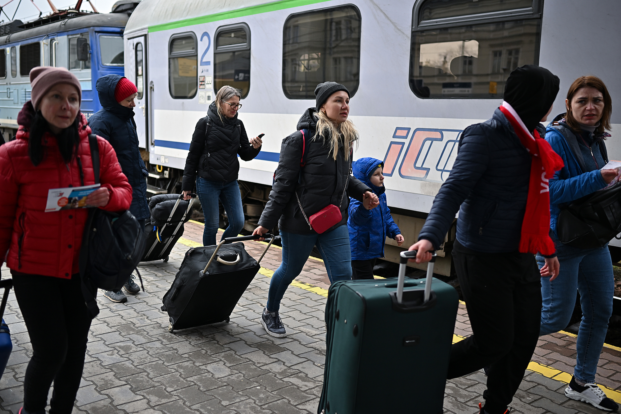 Ukrainian refugees arrive at Przemysl station in Poland on April 2. 