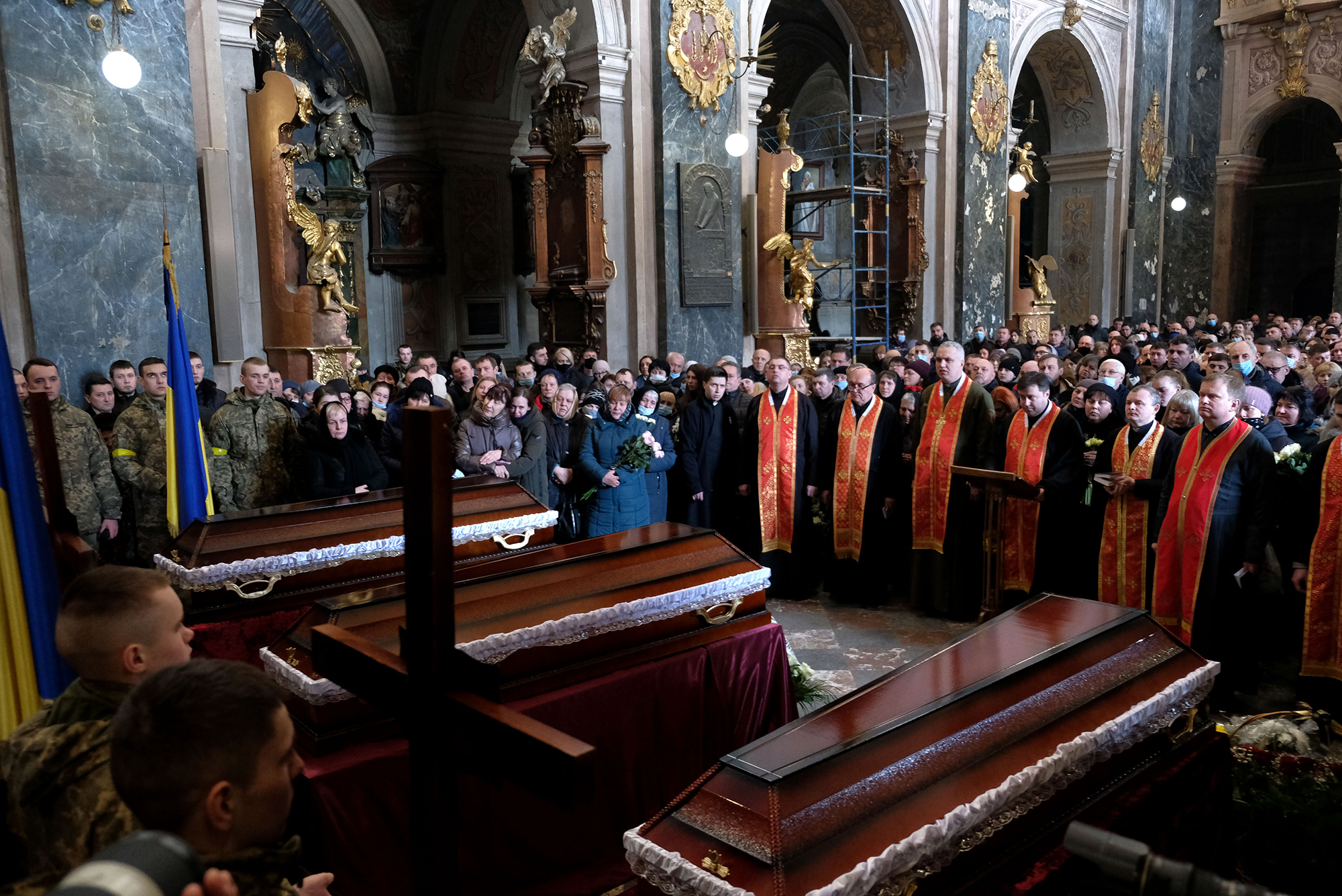 Senior Soldier Andrii Stafanyshyn, 39, Senior Lieutenant Taras Didukh, 25, and Sergeant Dmytro Kabakov, 58, were laid to rest in a service at the Saints Peter and Paul Garrysin Church in Lviv, Ukraine, on Friday, March 11.