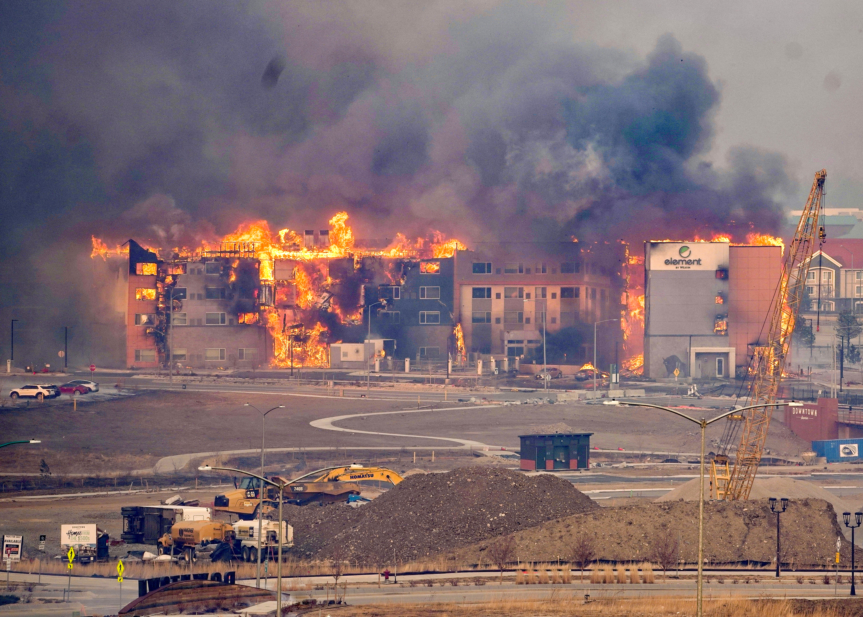 A fire burns an Element hotel in Superior, Colorado, on Thursday, December 30. 