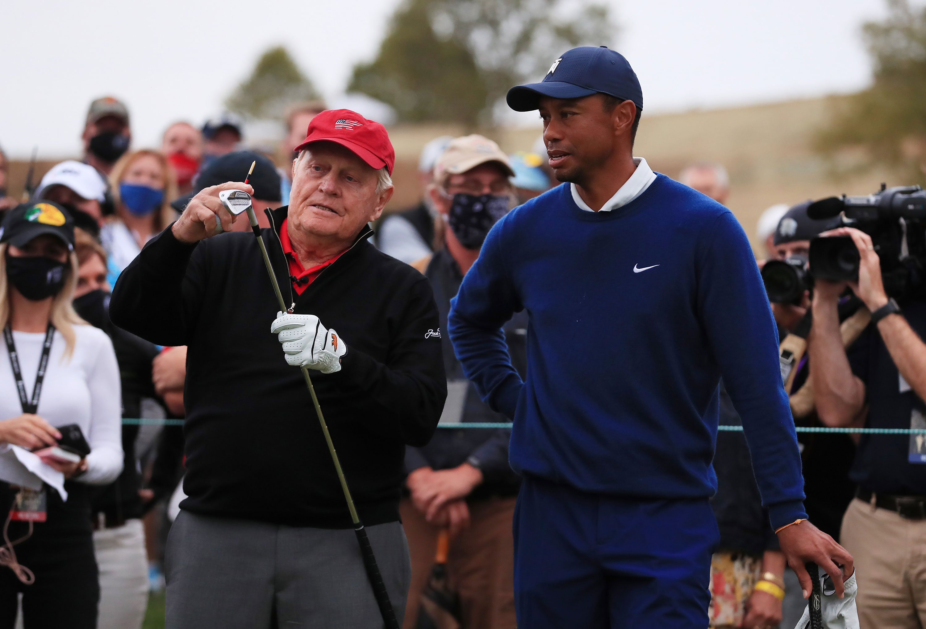 Jack Nicklaus talks to Tiger Woods during the Payne’s Valley Cup on September 22 in Ridgedale, Missouri.