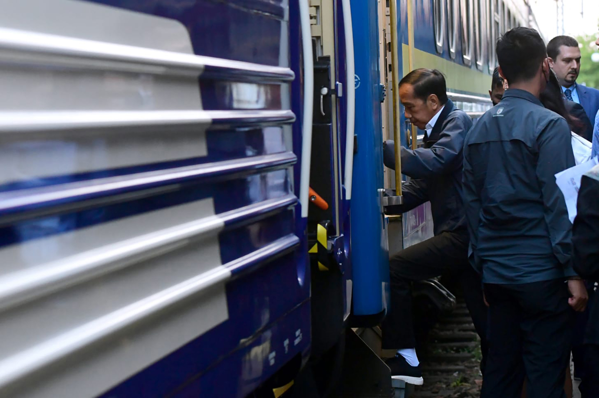 Indonesian President Joko Widodo boards a train that will take him to Kyiv, Ukraine, at a railway station in Przemysl, Poland on June 28.