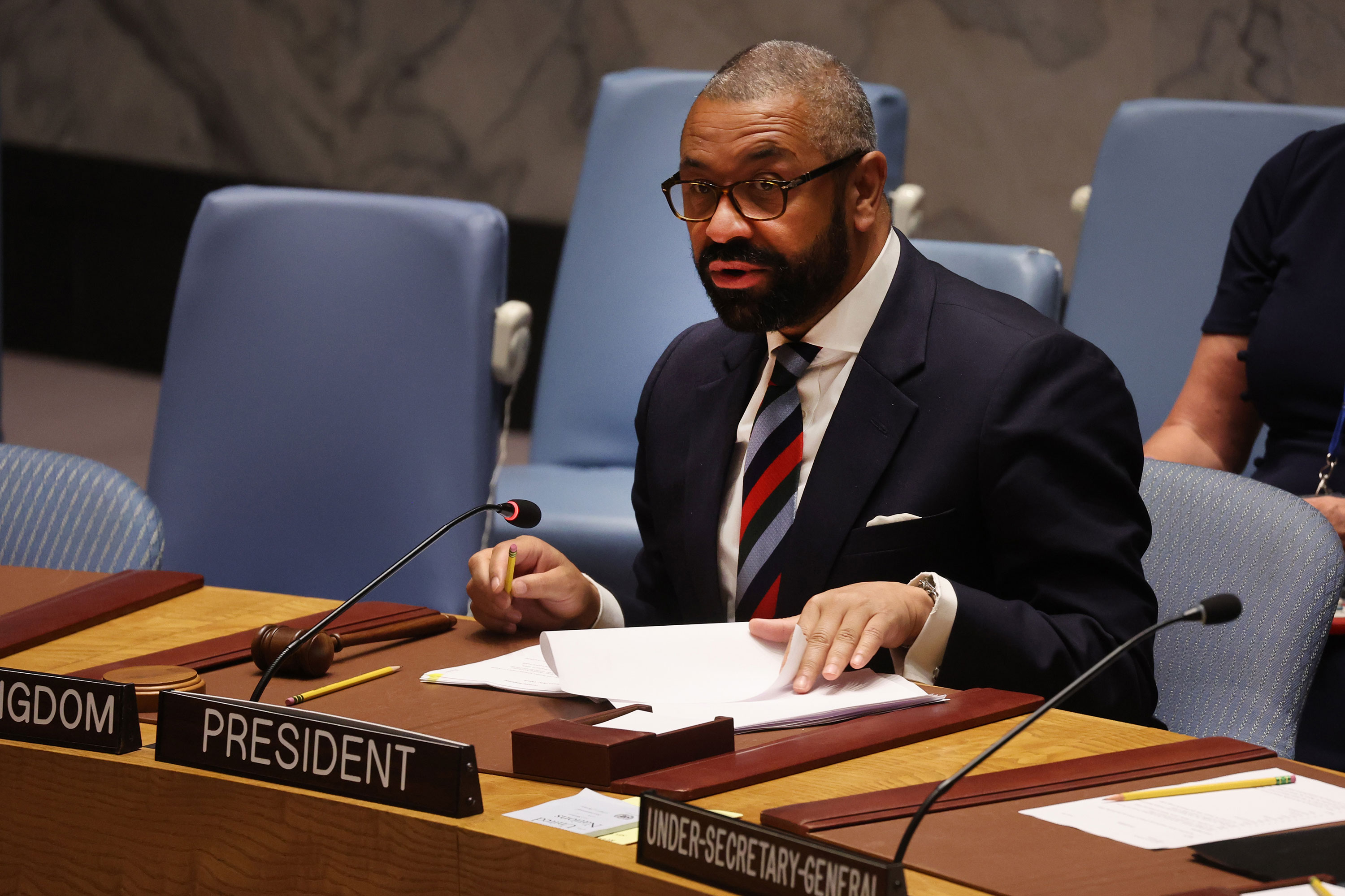 British Foreign Secretary James Cleverly speaks at a United Nations Security Council meeting on July 17.