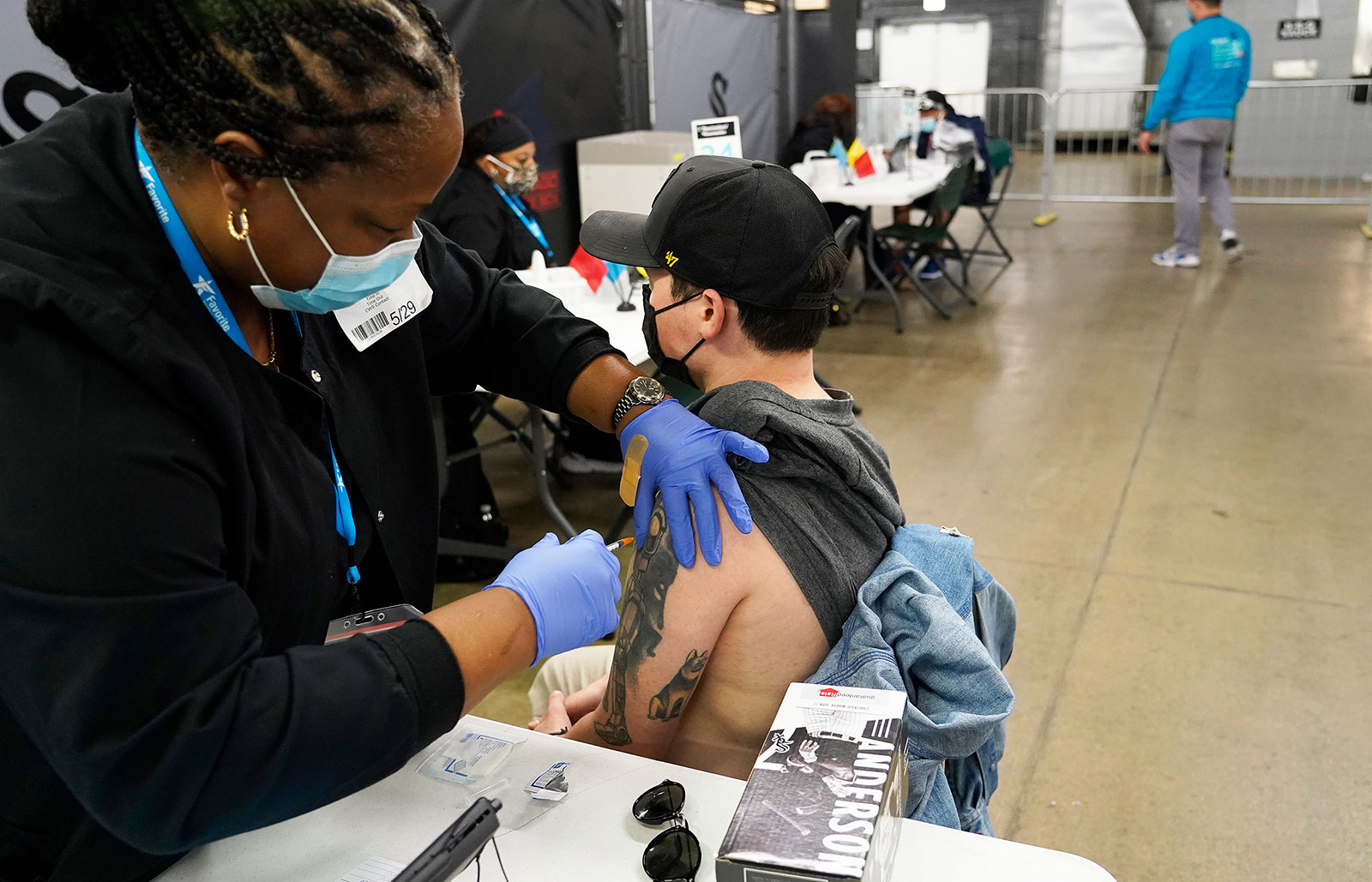 Christian Valcich receives the Johnson & Johnson vaccine in Chicago on May 29.