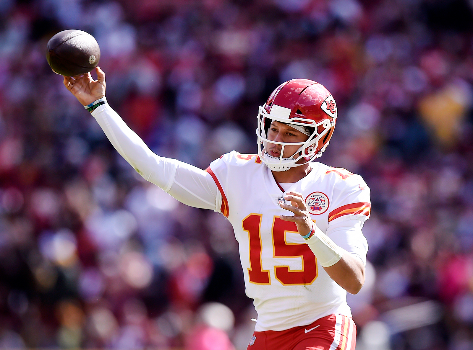 Kansas City Chiefs QB Patrick Mahomes throws against the Washington Football Team during the second quarter at FedExField on October 17. 