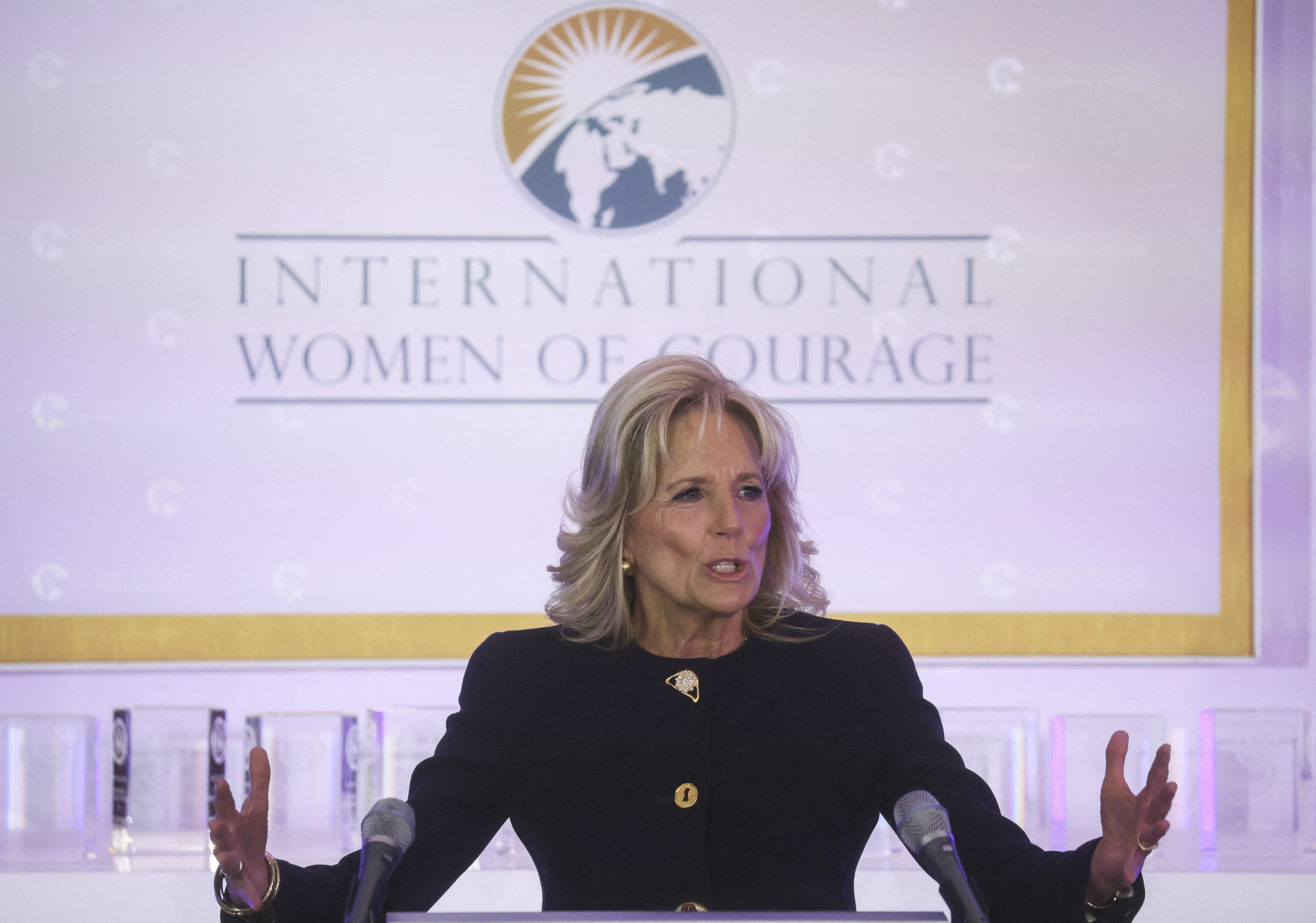 US First Lady Jill Biden addresses the 16th annual International Women of Courage (IWOC) Awards ceremony at the State Department in Washington, DC, on March 14.