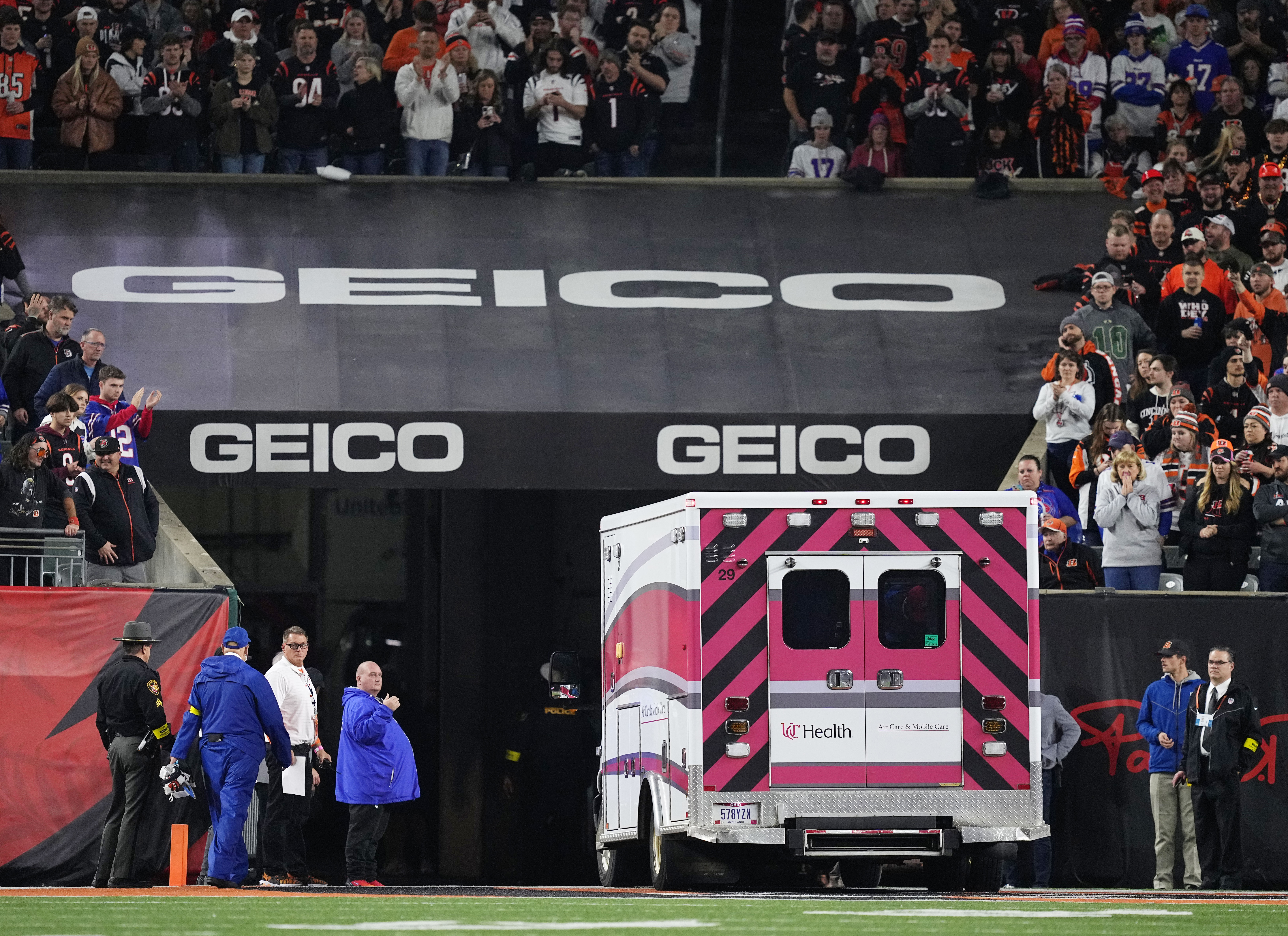 An ambulance transports Damar Hamlin out of Paycor Stadium in Cincinnati on January 2. 