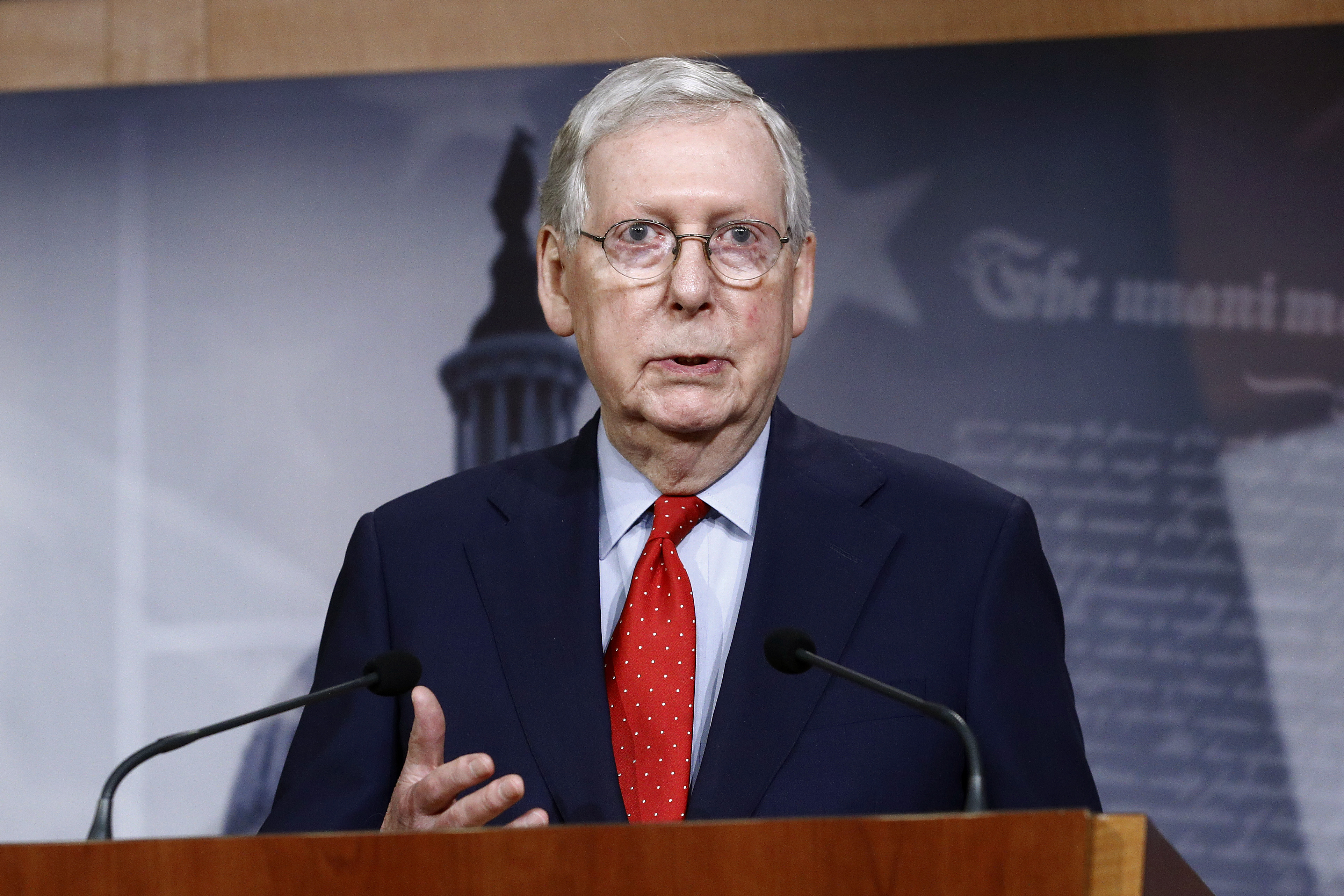 Senate Majority Leader Mitch McConnell of Ky., speaks with reporters on April 21, at Capitol Hill in Washington. 