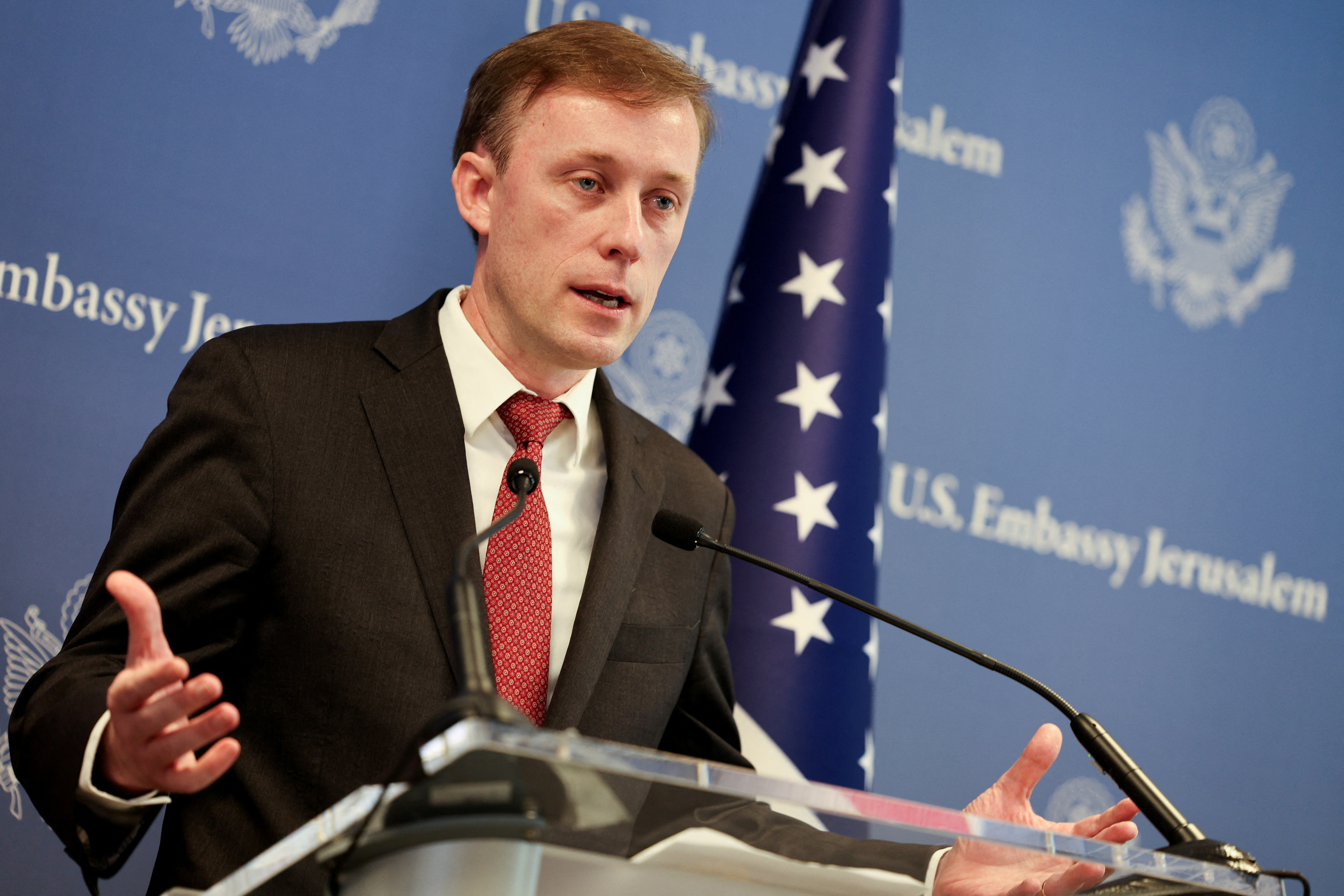 U.S. National Security Advisor Jake Sullivan speaks during a press briefing in Tel Aviv, Israel, on December 15.