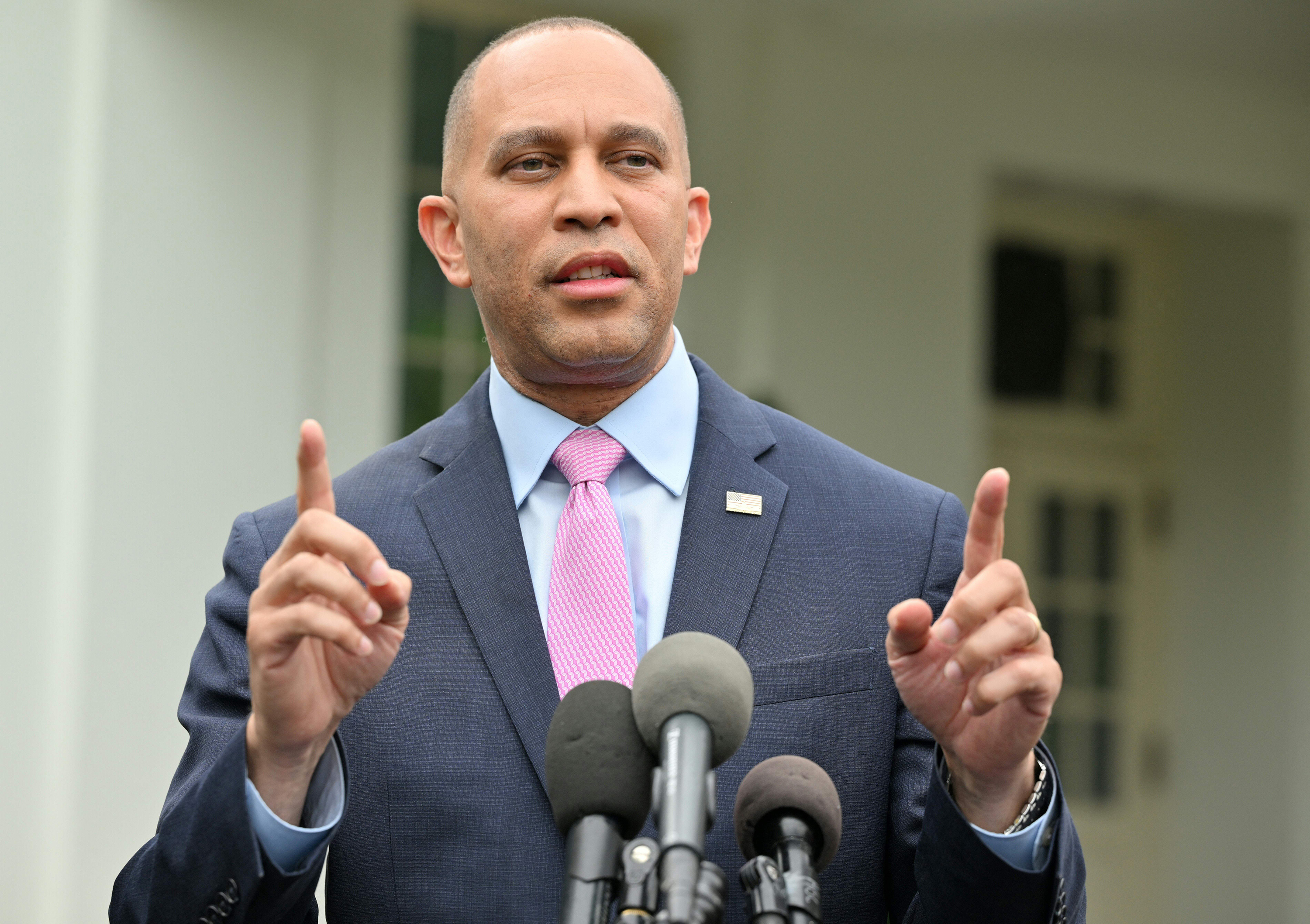 House Minority Leader Hakeem Jeffries (D-NY) speaks to members of the media following a meeting on the debt limit with President Joe Biden at the White House in Washington, DC, on May 16.