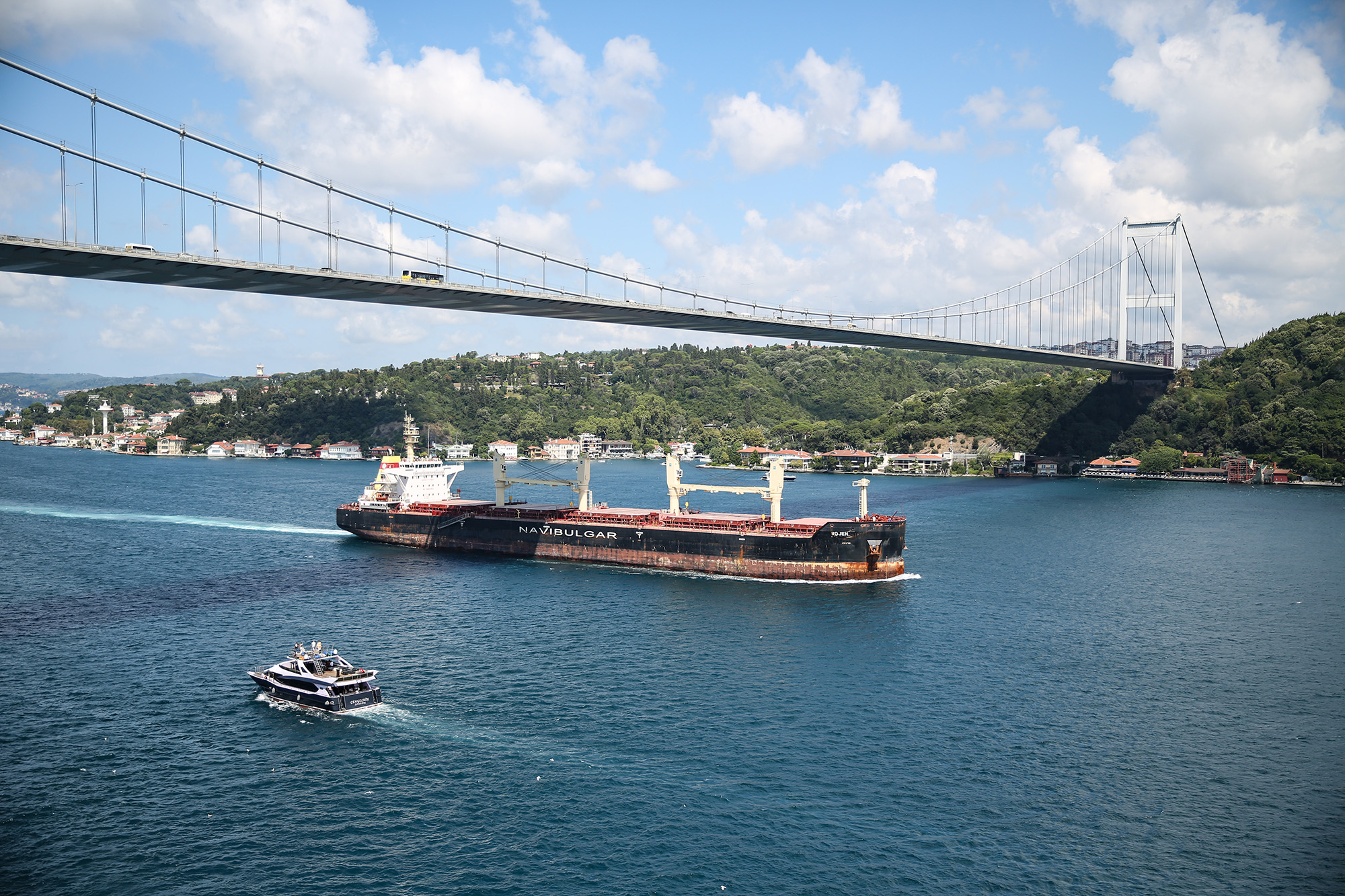Maltese-flagged ship Rojen passes through the Bosphorus in Istanbul, Turkey, carrying 13,000 tons of corn from Ukraine to the United Kingdom on August 7.