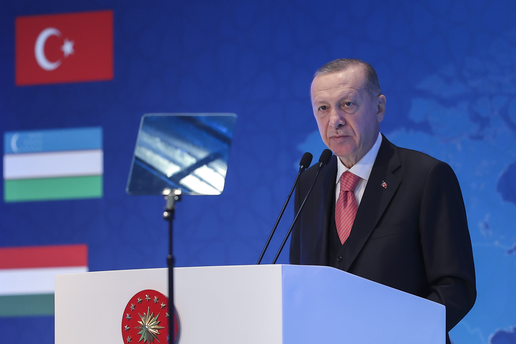 Turkish President Recep Tayyip Erdogan speaks at the Organization of Turkic States session in Istanbul on October 31.