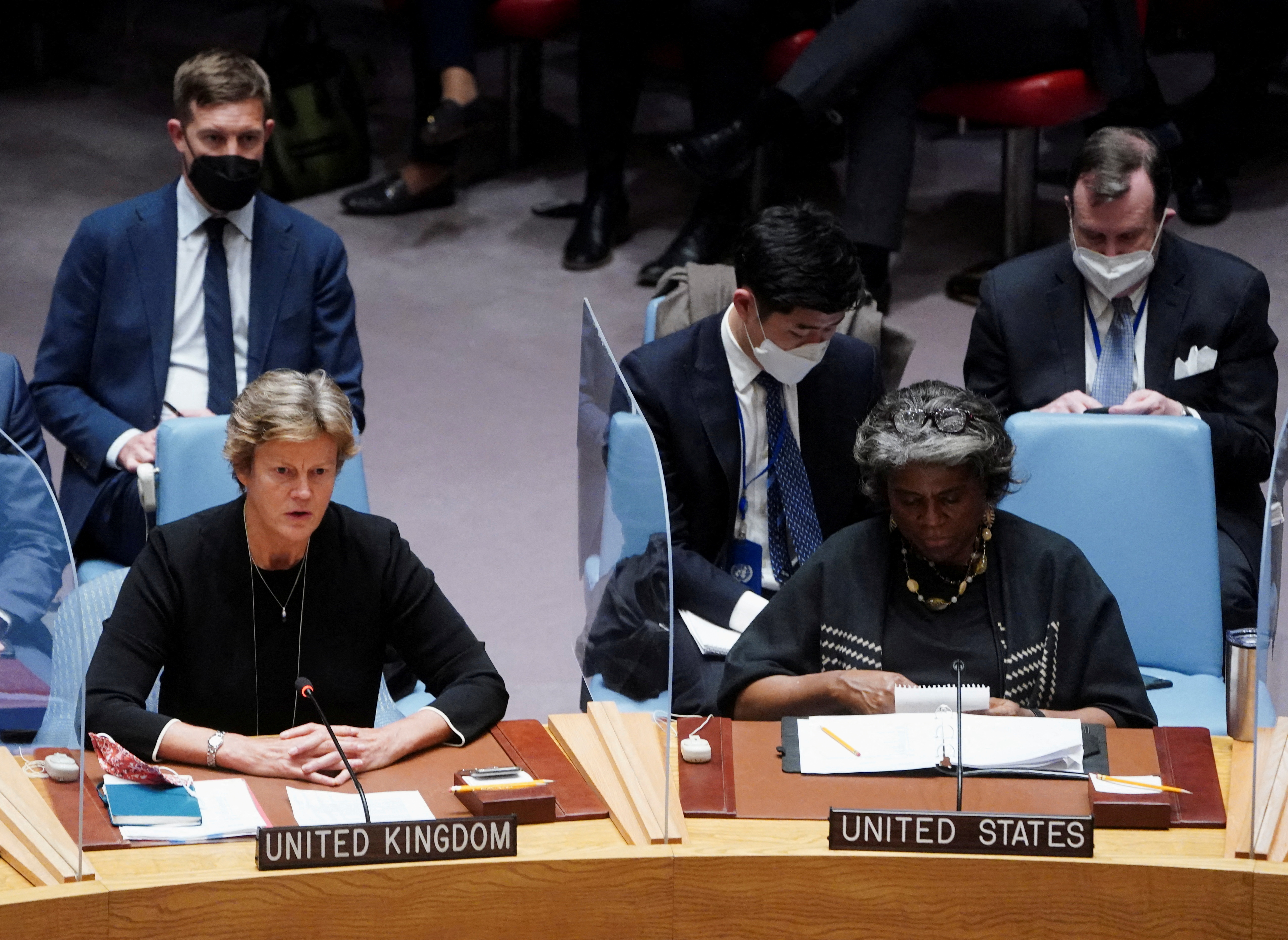 British Ambassador to the UN Barbara Woodward (L) and US Ambassador to the UN Linda Thomas-Greenfield (R) attend the United Nations Security Council meeting to discuss the ongoing crisis in Ukraine in New York City on February 23.