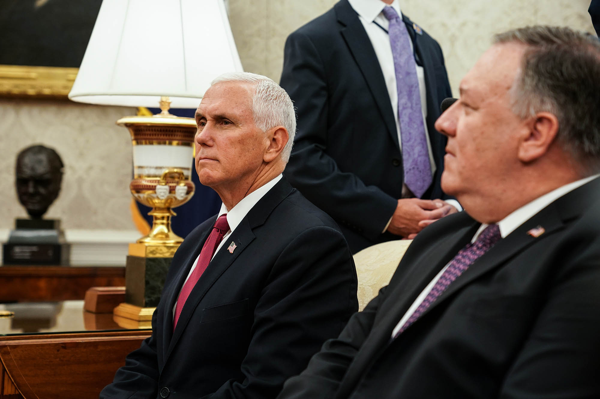 US Vice President Mike Pence listens during a meeting between US President Donald Trump and Mustafa al-Kadhimi, Iraq's prime minister, not pictured, at the White House in Washington, DC, on Thursday, August 20.