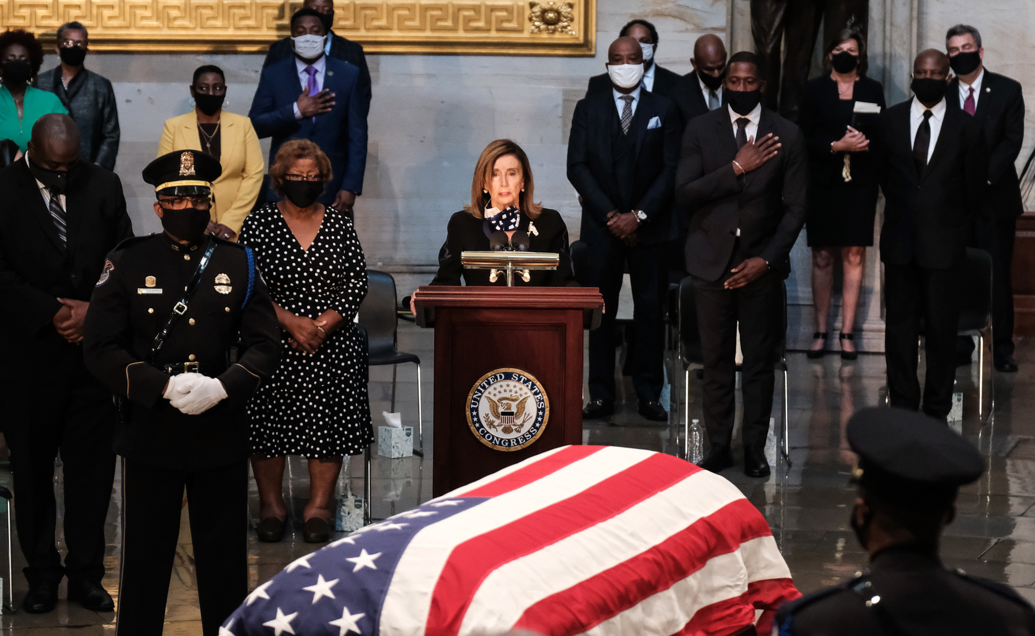 U.S. Speaker of the House Rep. Nancy Pelosi speaks as Rep. John Lewis lies in state at the U.S. Capitol Rotunda in Washington, D.C., on July 27.