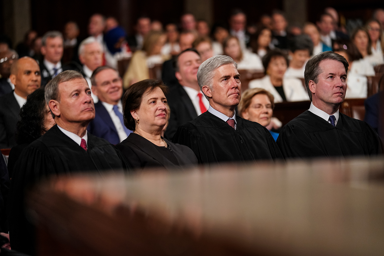 Supreme Court Justices John Roberts, Elena Kagan, Neil Gorsuch and Brett Kavanaugh attend the State of the Union address in the chamber of the U.S. House of Representatives at the US Capitol Building on February 5, 2019 in Washington, DC.