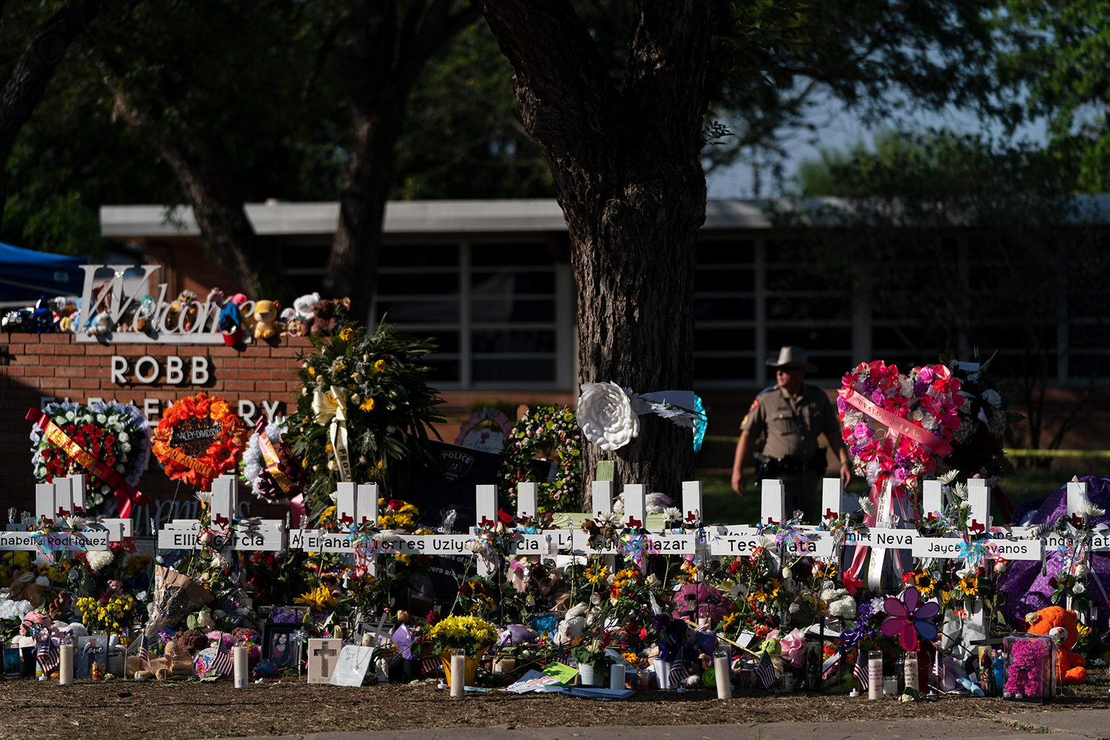 A memorial sits outside Robb Elementary School on Saturday, May 28, in Uvalde, Texas. 