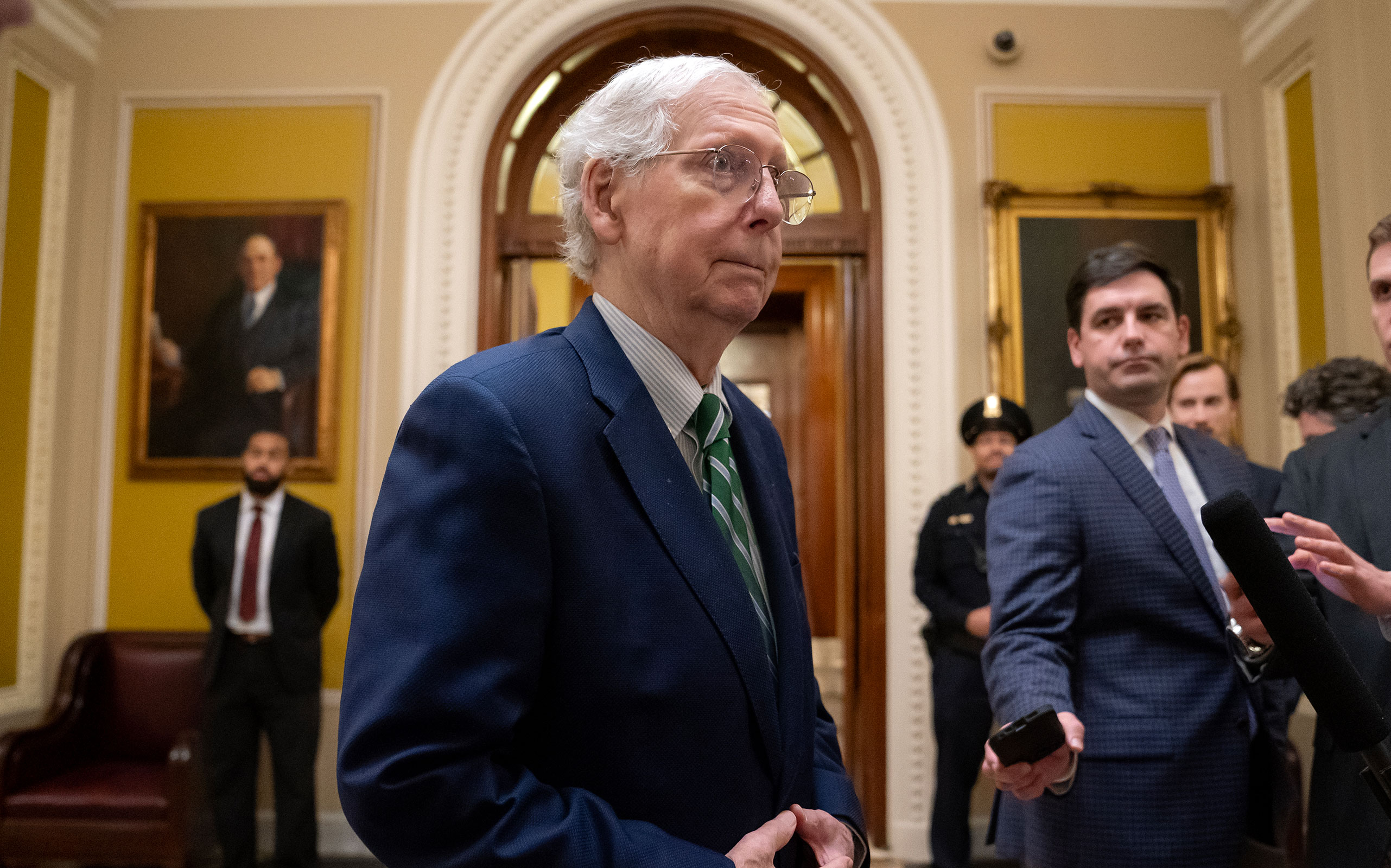 Senate Minority Leader Mitch McConnell speaks with members of the media following passage of a short-term funding bill on September 30, 2023 in Washington, DC. 