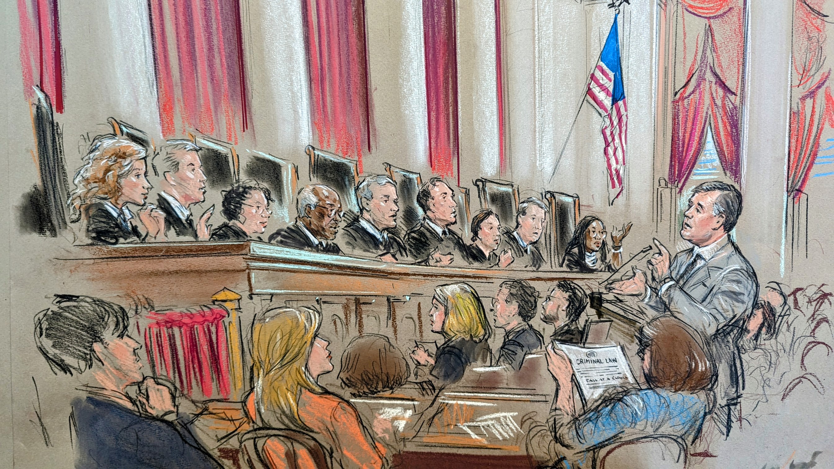In this court sketch, Jeffrey Green argues in front of the US Supreme Court in Washington, DC, on Tuesday, April 16, 2024.