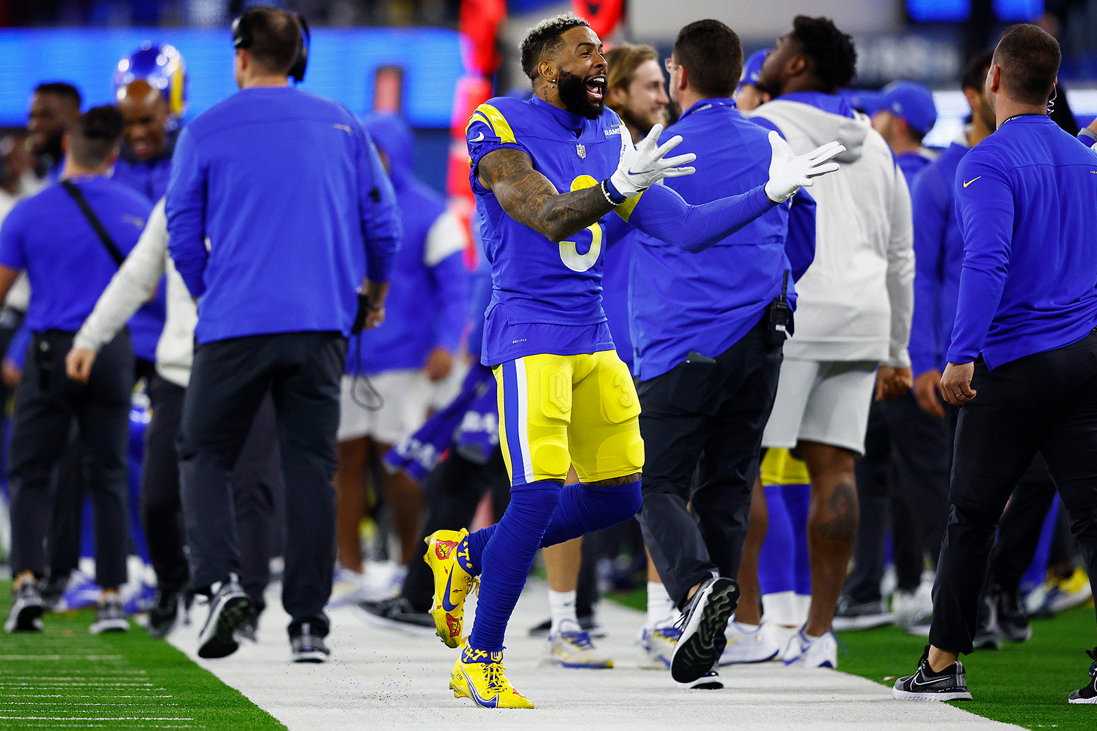 Odell Beckham Jr. #3 of the Los Angeles Rams reacts in the final moments of the fourth quarter against the San Francisco 49ers in the NFC Championship Game at SoFi Stadium on January 30, in Inglewood, California.