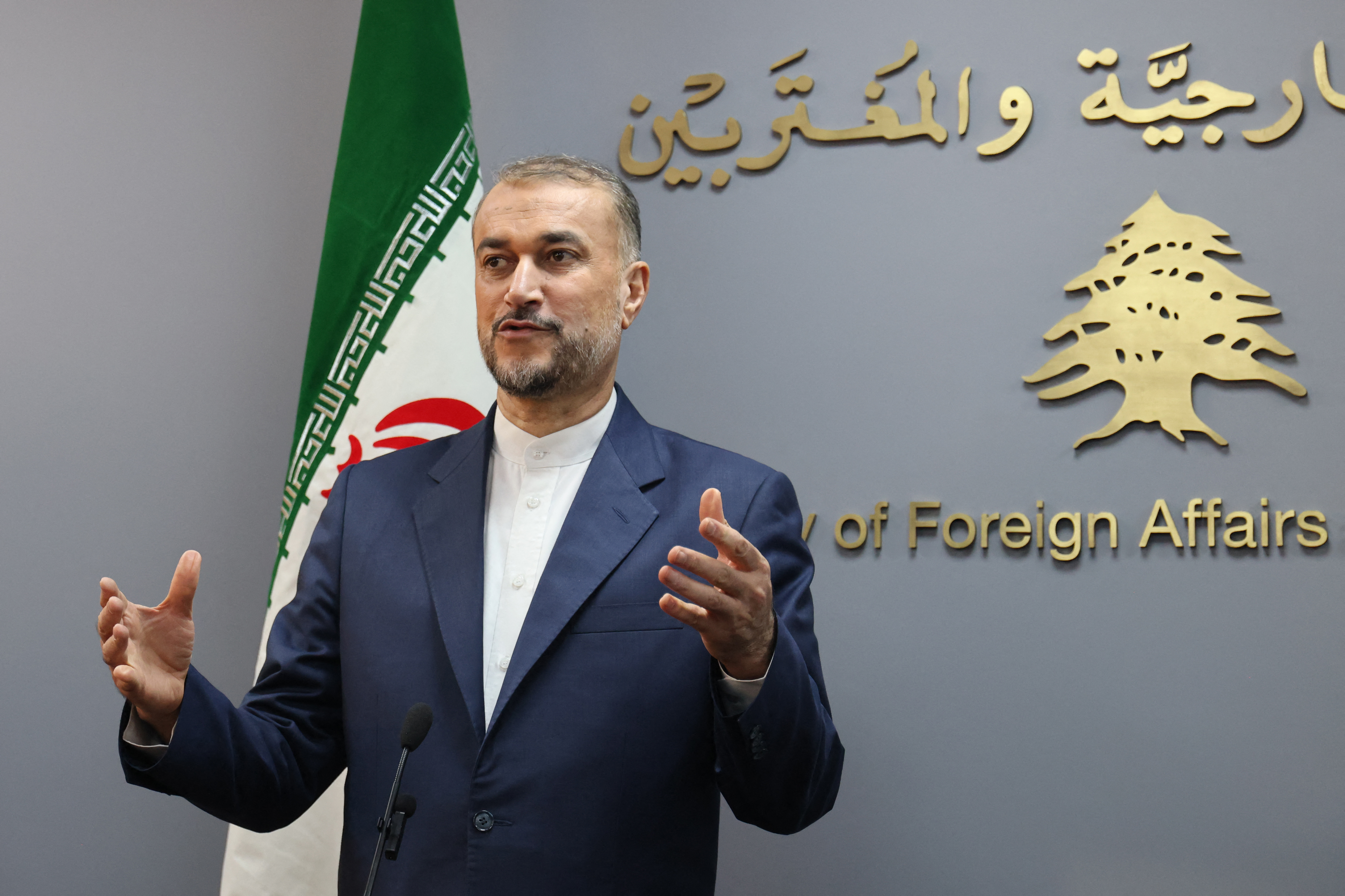 Iranian Foreign Minister Hossein Amir-Abdollahian speaks during a press conference in Beirut, Lebanon, on February 10.