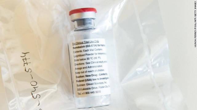 One vial of Remdesivir is seen during a press conference in Hamburg, Germany, on April 8. The press conference was about the start of a study using the antiviral for treatment of Covid-19.