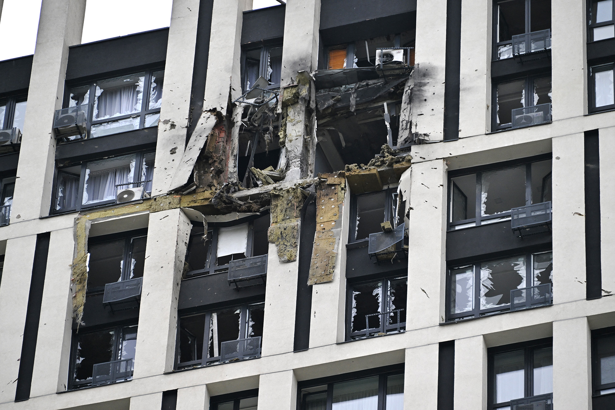 A high-rise residential building damaged during a drone attack in Kyiv, Ukraine, said on July 13.