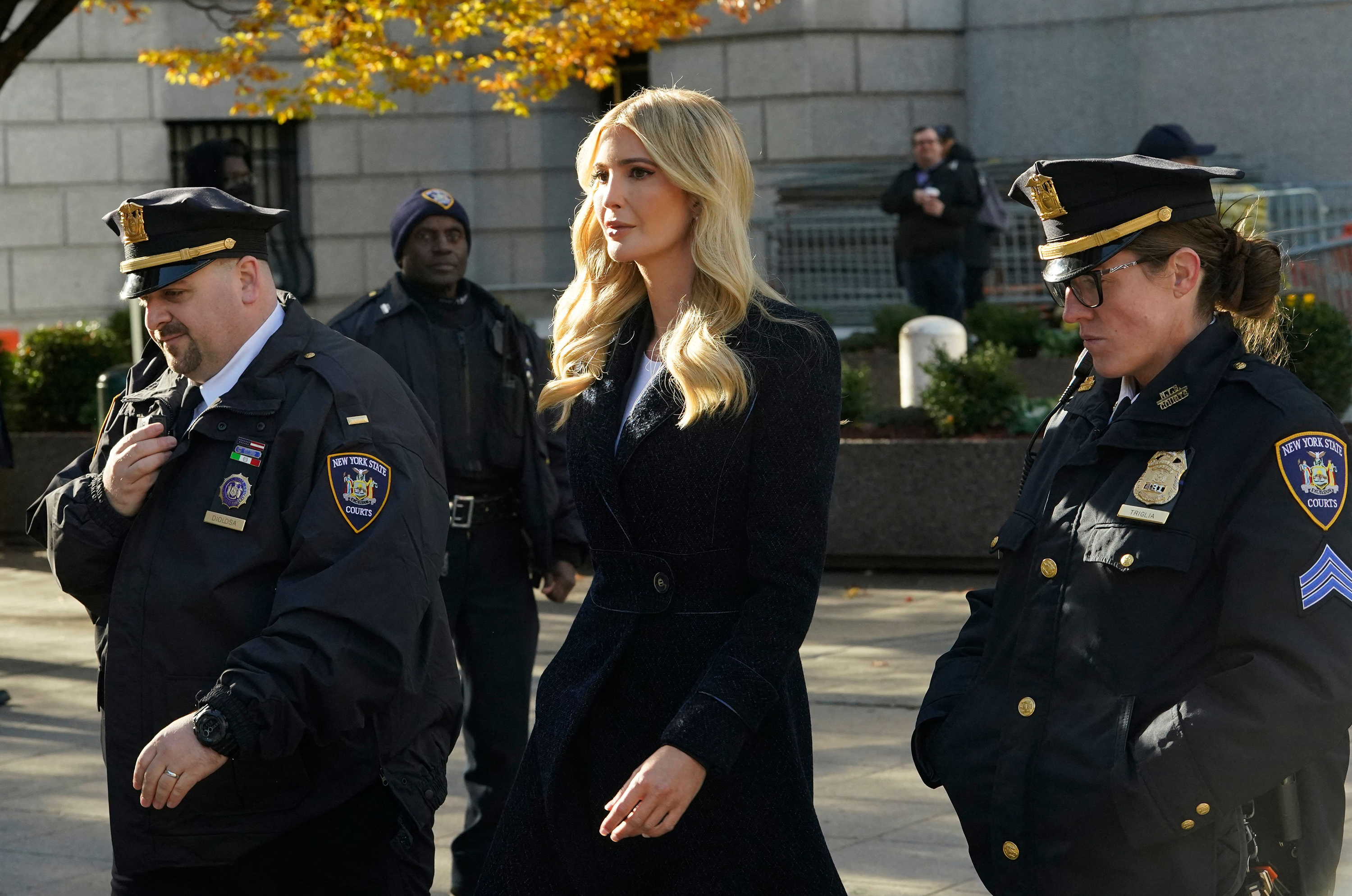 Ivanka Trump arrives at the New York State Supreme Court in New York City on November 8. 
