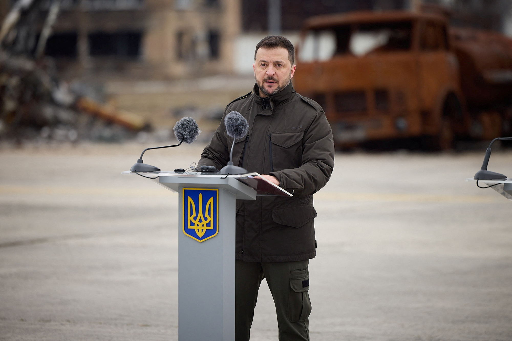 Ukrainian President Volodymyr Zelensky speaks in Kyiv, Ukraine, on February 24. 