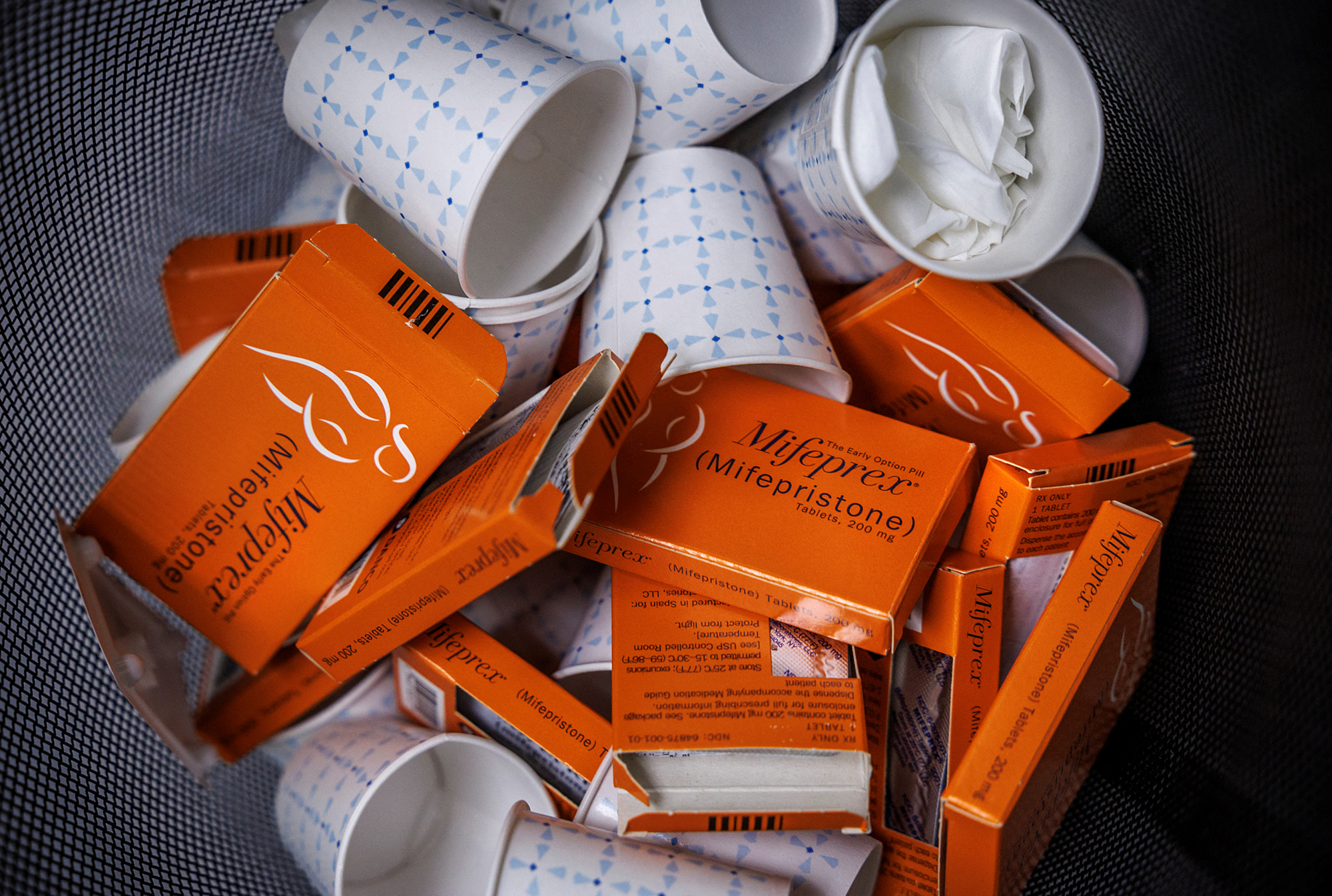 Used boxes of Mifepristone pills, the first drug used in a medical abortion, fill a trash at Alamo Women's Clinic in Albuquerque, New Mexico on January 11.