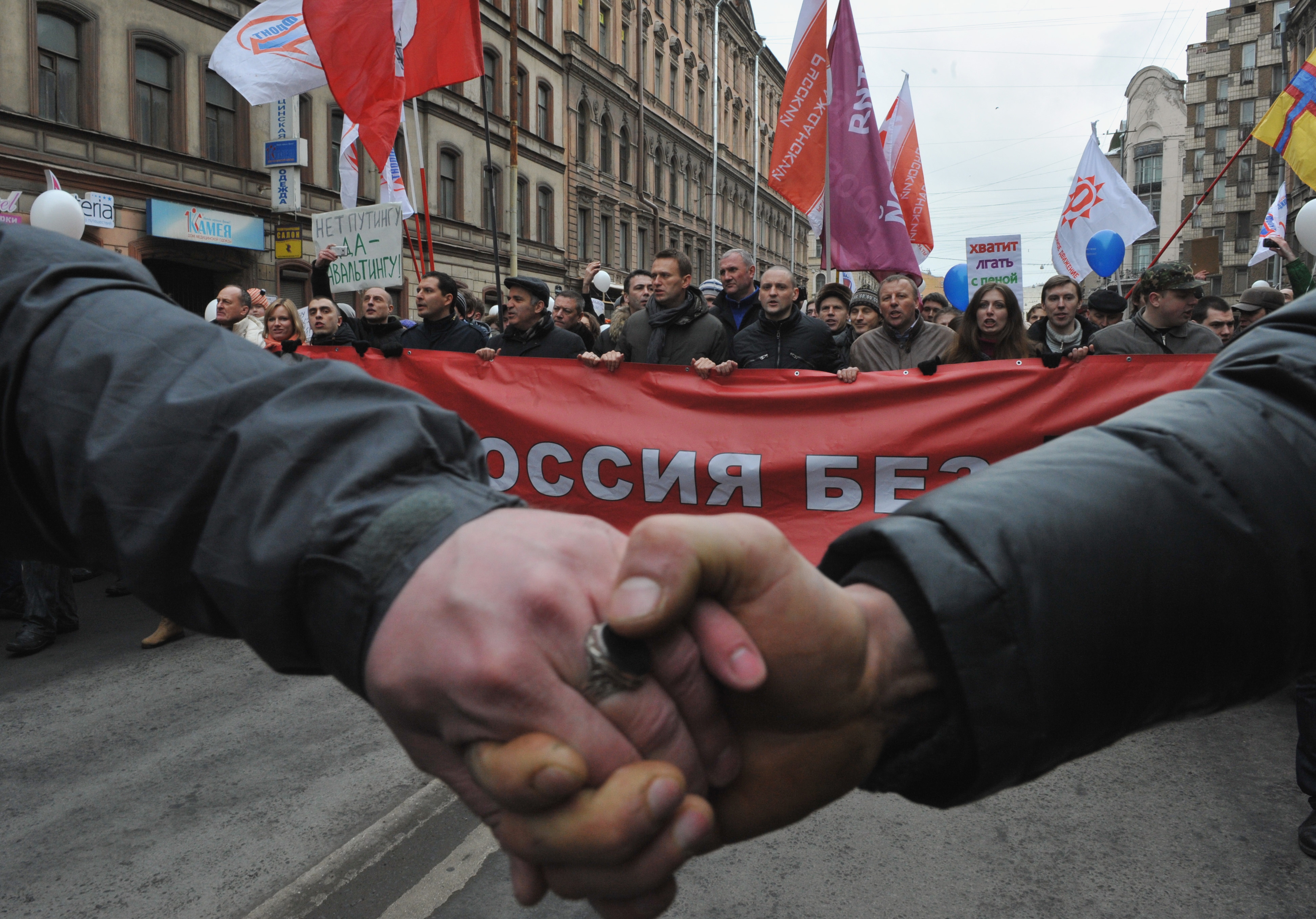 Navalny and other members of Russia's opposition march in St. Petersburg, Russia, in February 2012. They were in Vladimir Putin's native city, demonstrating against his likely return to the Kremlin.