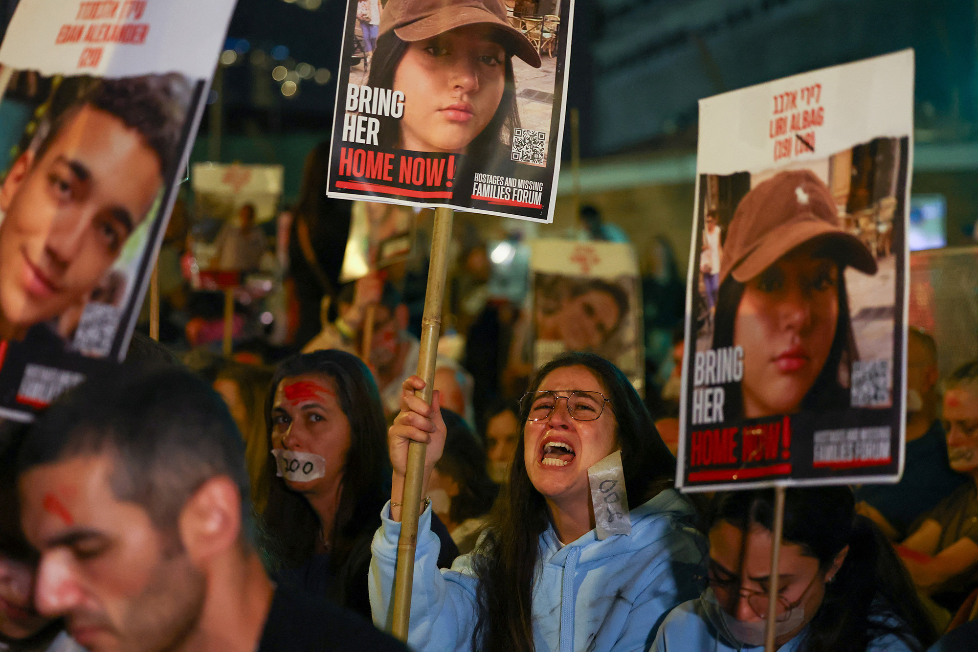 People protest to mark 200 days since the start of the conflict between Israel and the Palestinian Islamist group Hamas, in Tel Aviv, Israel, on April 23.