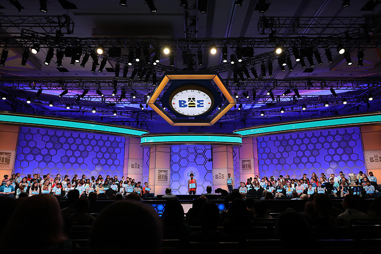 Students fill the stage during the second round of the Scripps National Spelling Bee on  May 28, 2019 in National Harbor, Maryland. 