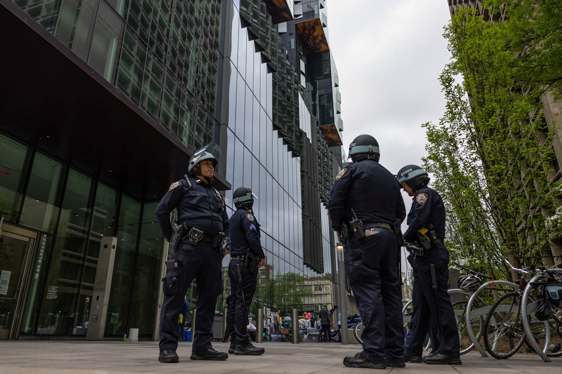 Police officers stand guard outside the New York University campus, after protesters were removed from the area on May 3. 