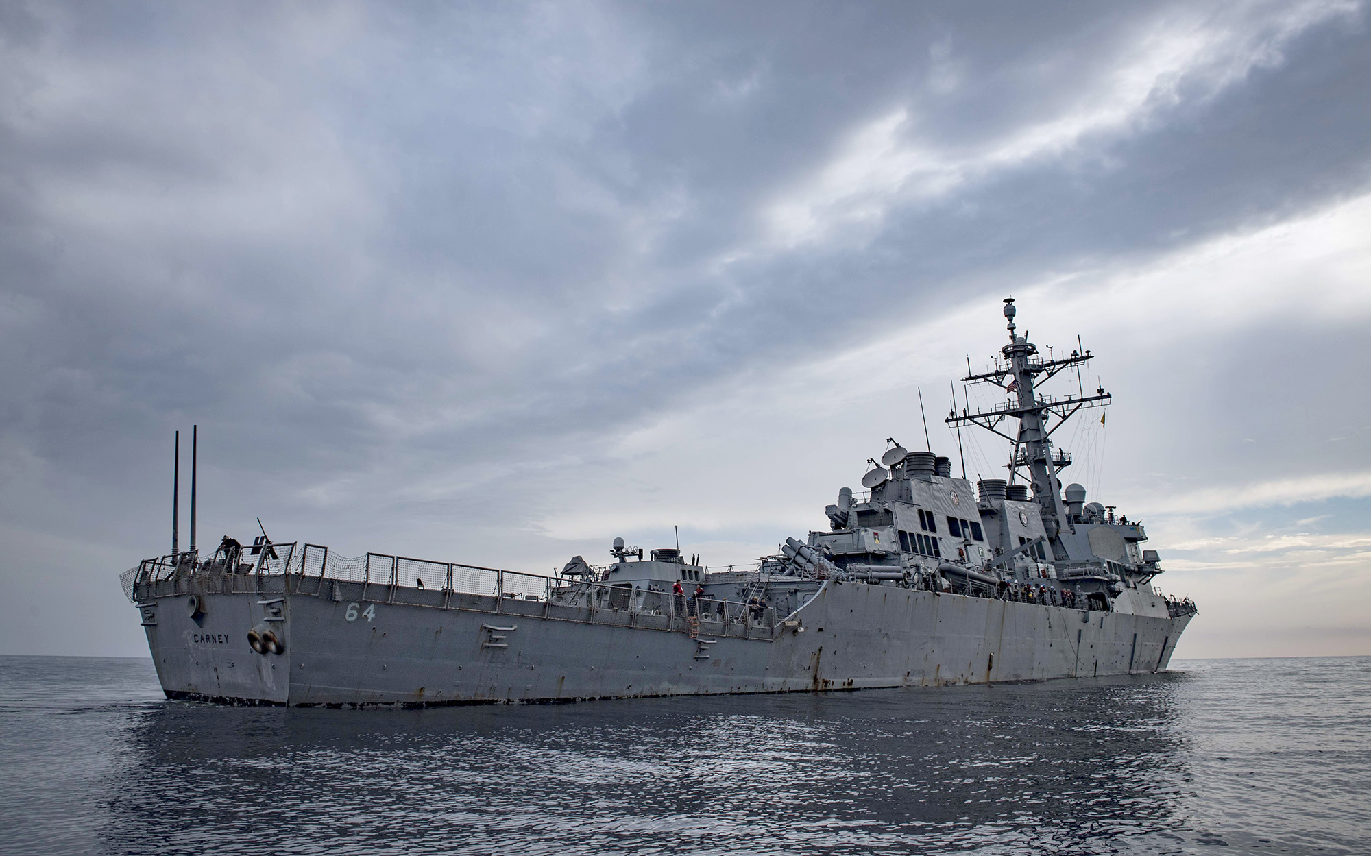 The Arleigh Burke-class guided-missile destroyer USS Carney (DDG 64) transits the Mediterranean Sea on October 23, 2018.