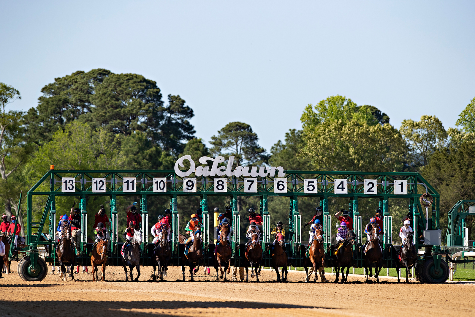 The start of the 10th race at Oaklawn Racing Casino Resort on Derby Day during the Covid-19 pandemic on Saturday, May 2, in Hot Springs, Arkansas.