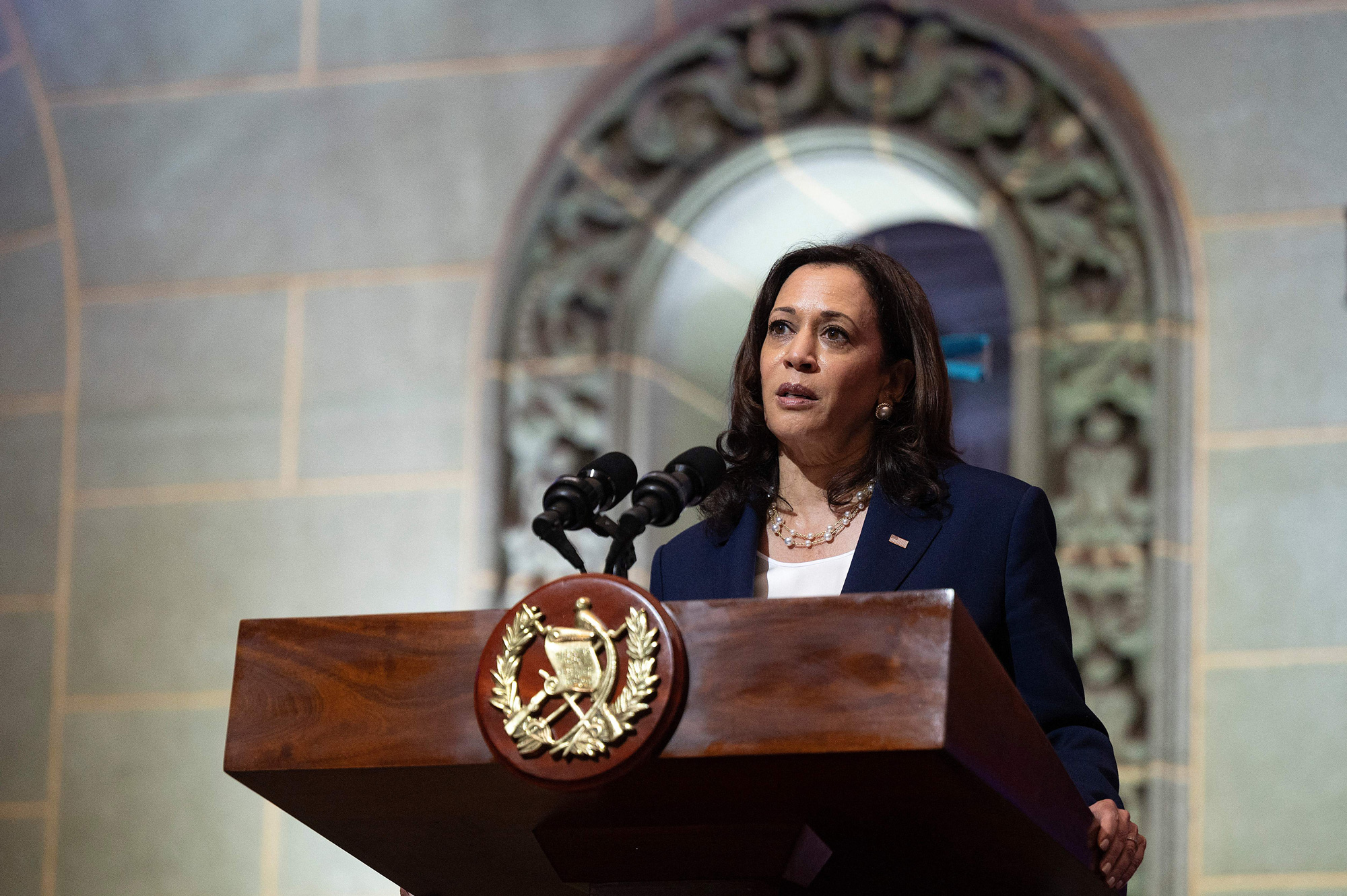 Vice President Kamala Harris speaks during a press conference with Guatemalan President Alejandro Giammattei at the Palacio Nacional de la Cultura in Guatemala City, Guatemala, on June 7.