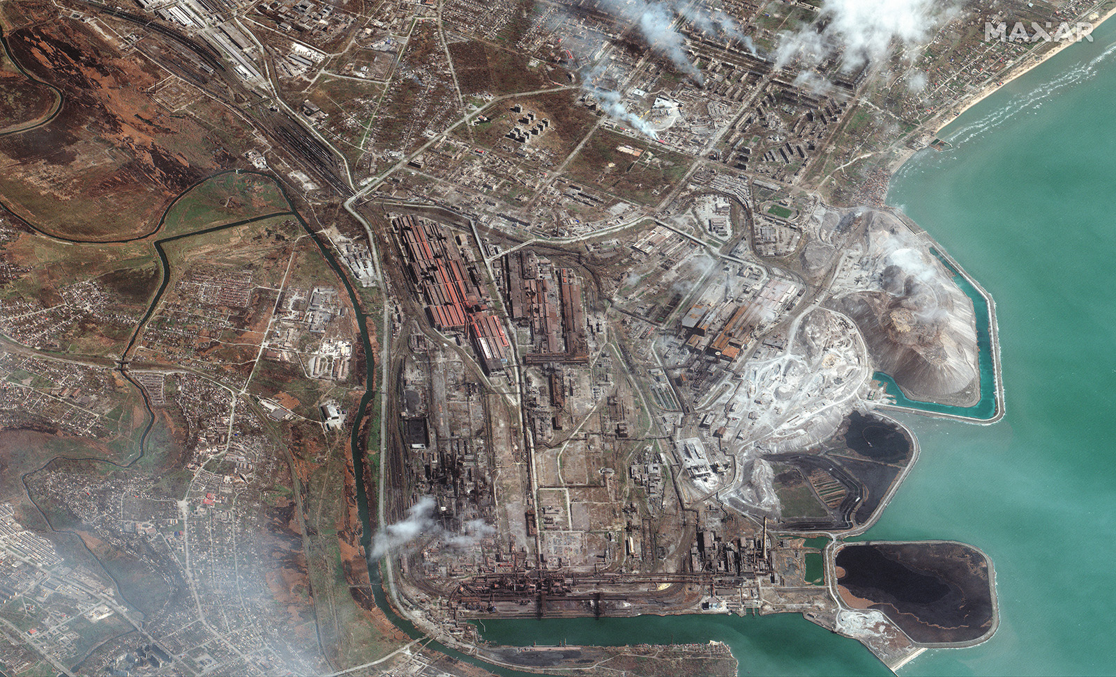 Maxar satellite imagery overview of Azovstal Iron and Steel Works, eastern Mariupol, Ukraine, on April 9.
