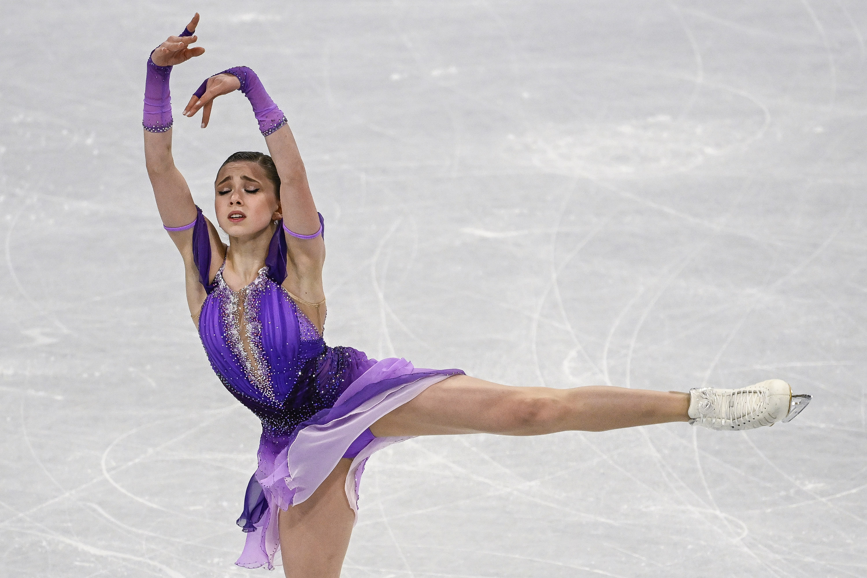Team ROC’s Kamila Valieva performs during the short program of the women's figure skating competition on Tuesday.