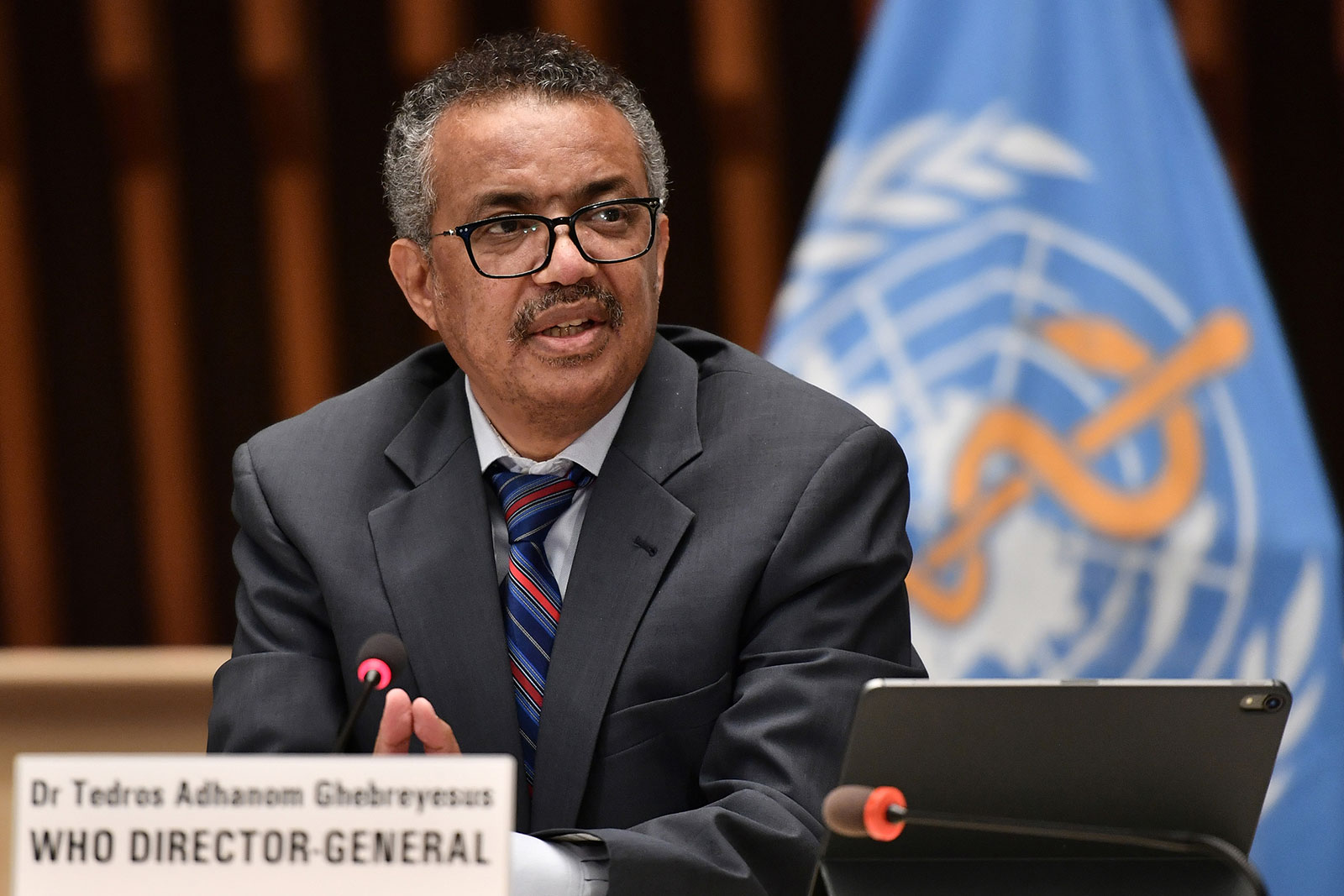 WHO Director-General Tedros Adhanom Ghebreyesus attends a press conference organized by the Geneva Association of United Nations Correspondents (ACANU) amid the Covid-19 outbreak on July 3, 2020 in Geneva.