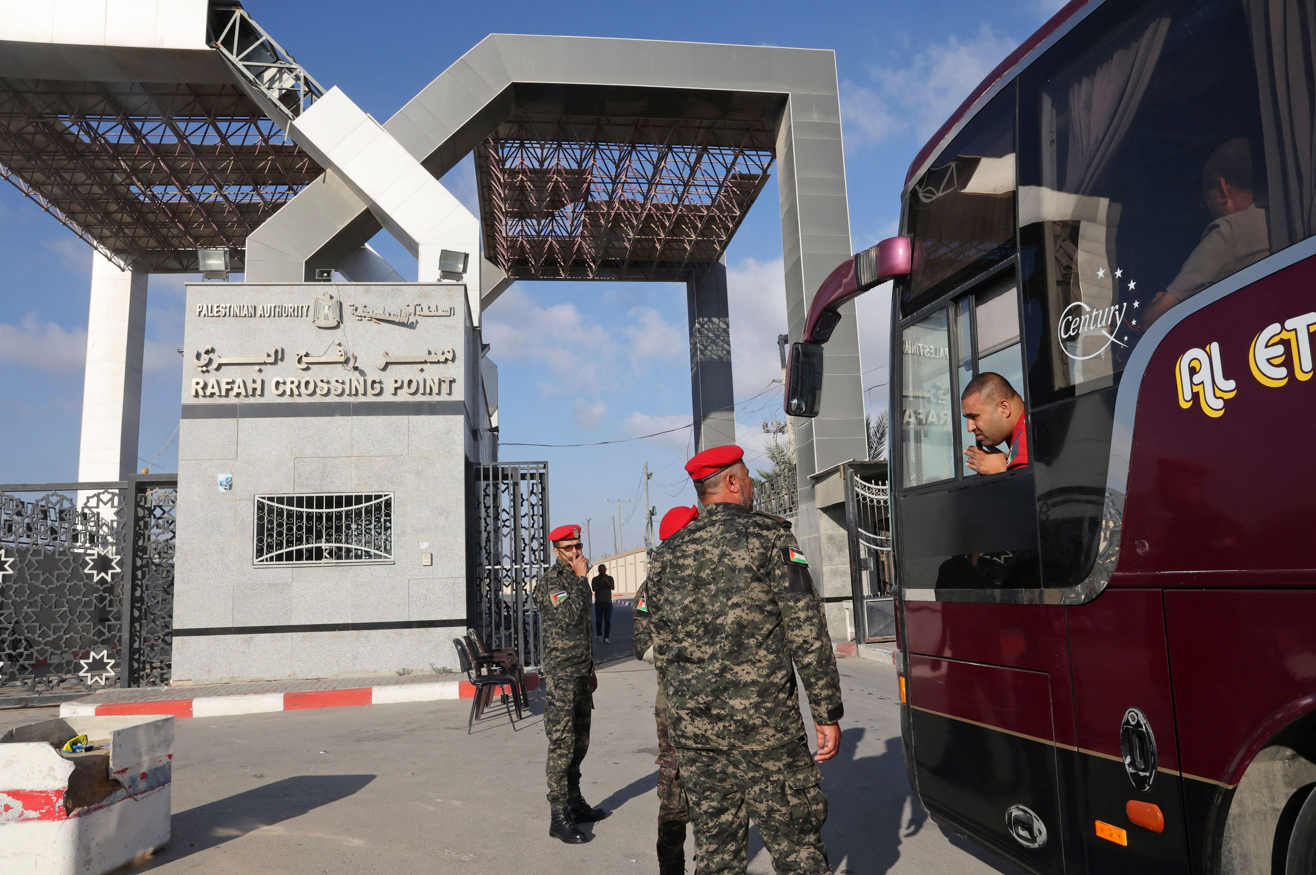 A bus carrying Palestinian Muslim pilgrims arrive at the Rafah border crossing with Egypt as they head to Saudi Arabia for the annual Hajj pilgrimage on June 21, 2022.