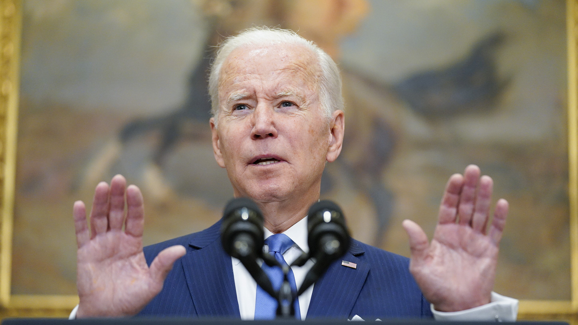 US President Joe Biden speaks about the war in Ukraine in the Roosevelt Room at the White House on Thursday, April 28.