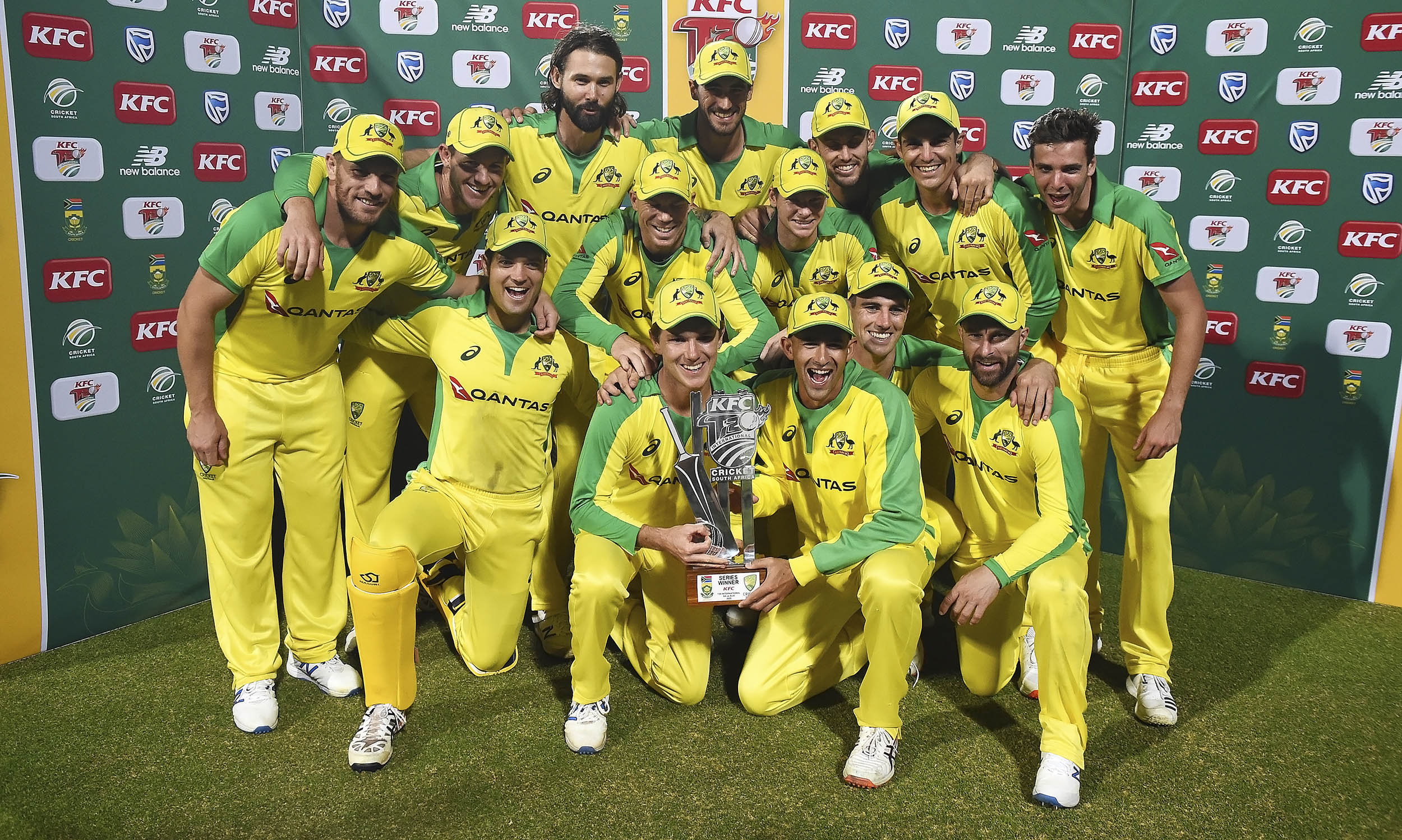 Australia celebrated winning the T20 series against South Africa at Newlands Cricket stadium in Cape Town, South Africa, February 26, 2020. 