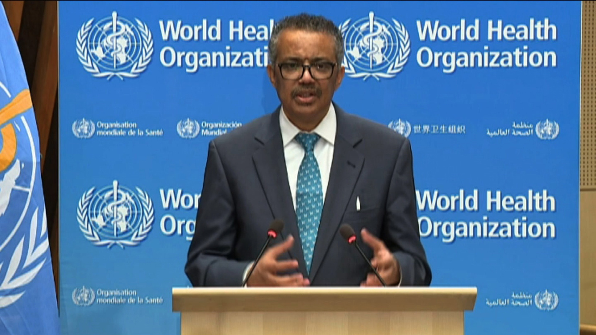 World Health Organization Director-General Tedros Adhanom Ghebreyesus speaks during the World Health Assembly in Geneva, Switzerland, on Monday, May 18.  