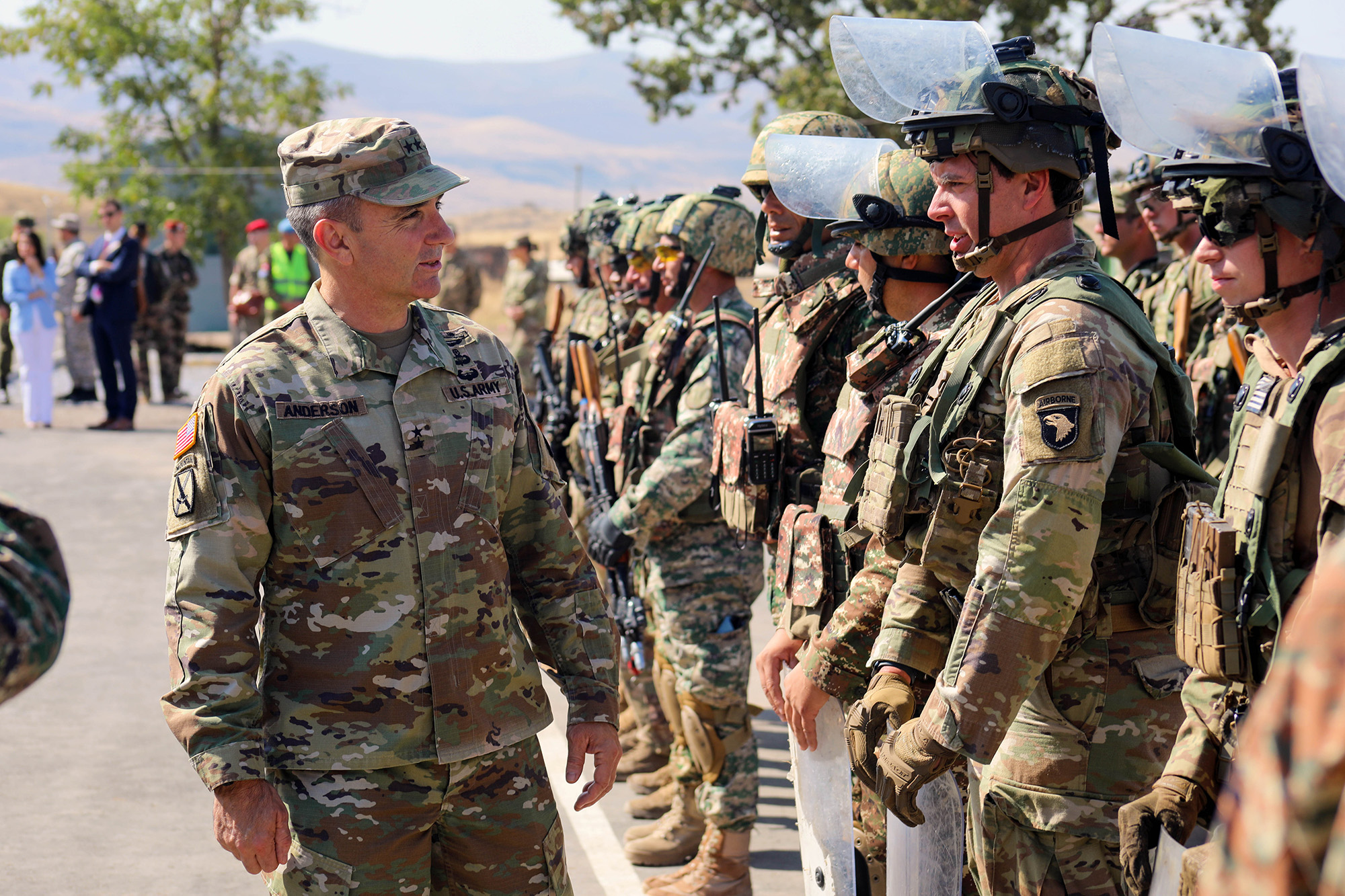 Soldiers from the Kansas National Guard and 1st Brigade Combat Team, 101st Airborne Division (Air Assault), hold a distinguished visitor day for Eagle Partner 2023, on September 15, in a training area in Armenia. 