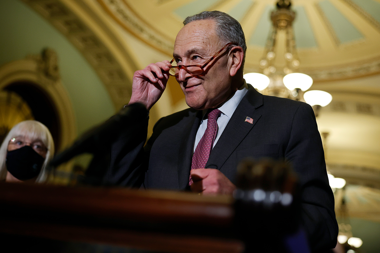 Senate Majority Leader Charles Schumer talks to reporters following the weekly Senate Democratic policy luncheon at the U.S. Capitol on December 14, in Washington, DC. (Chip Somodevilla/Getty Images)
