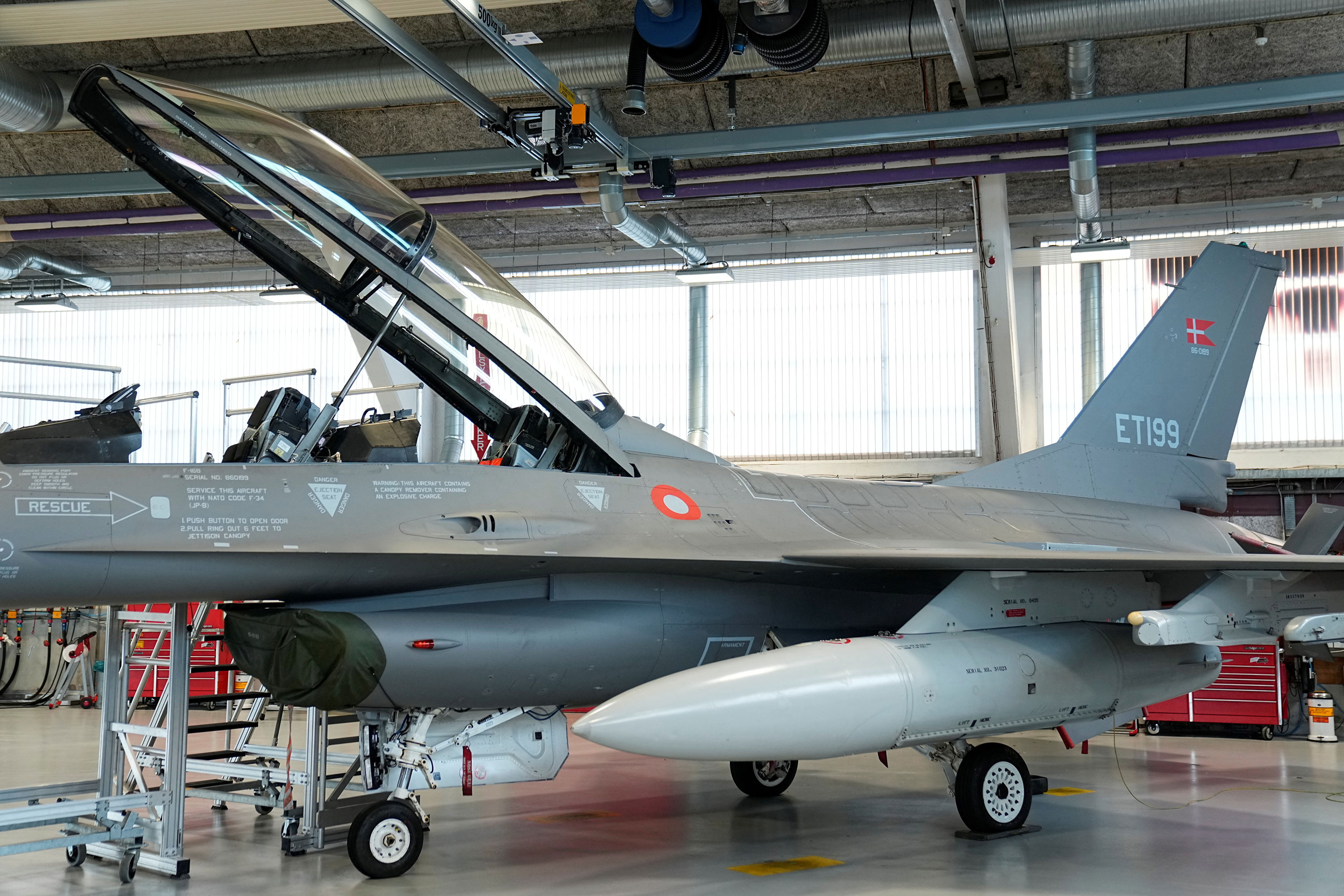 A view shows a F-16 fighter jet at Skrydstrup Air Base in Vojens, Denmark, on August 20, 2023.