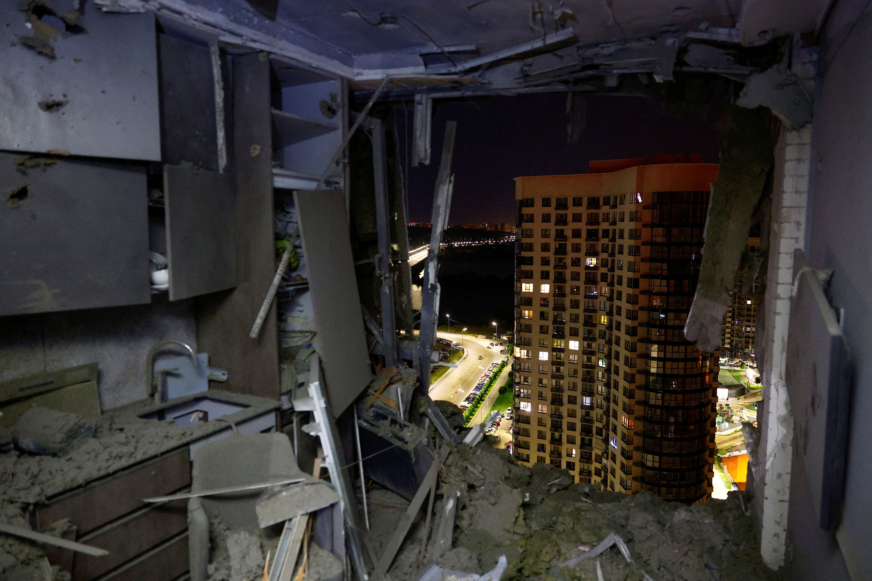 An interior view shows an apartment inside a residential building damaged during a Russian drone strike in Kyiv, Ukraine, on July 13, 2023.