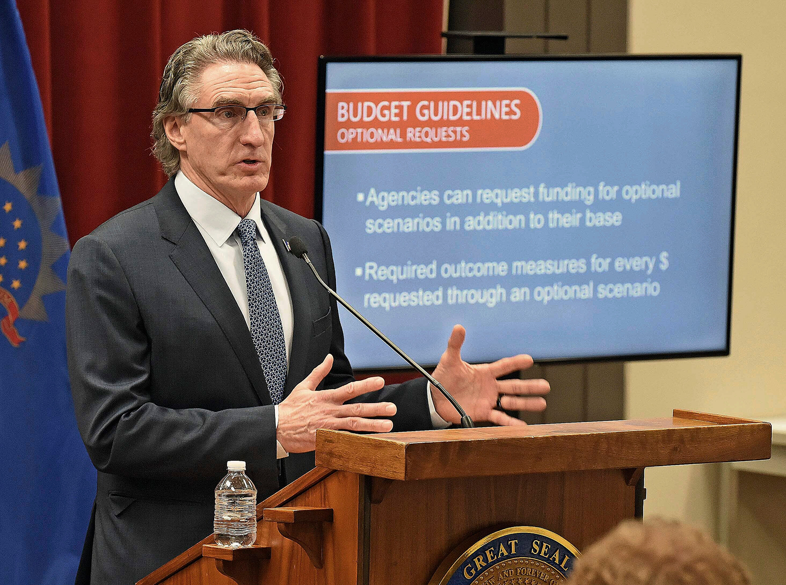 Gov. Doug Burgum issues budget guidelines to North Dakota state agencies for the 2021-23 biennium at a press briefing on Friday morning, May 1, in Bismarck, North Dakota.